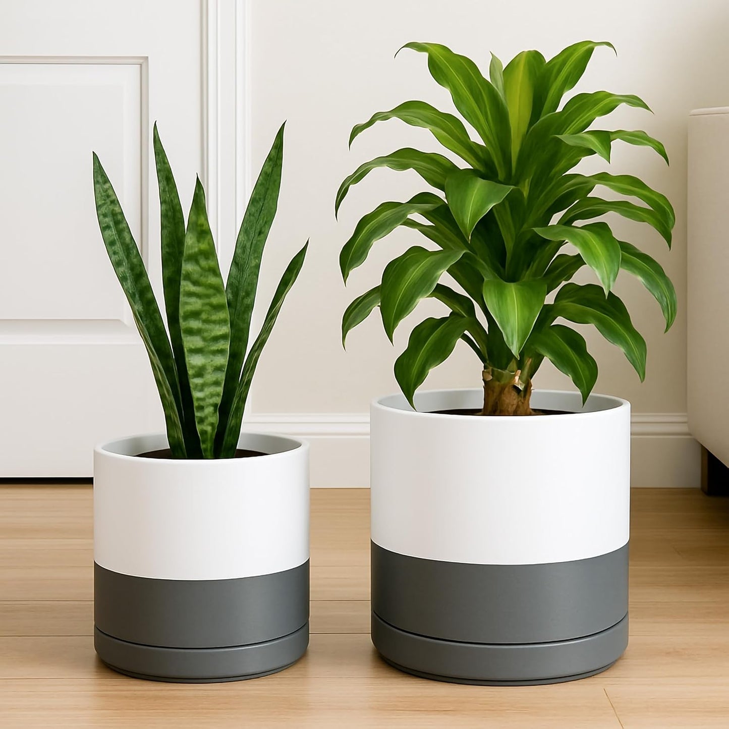 D'vine Dev 8.2 Inch & 10 Inch Ceramic Planter Pot for Plants with Drainage Hole and Saucer, Large Plant Pots Set, White/Speckled Grey, 94-G-L-6