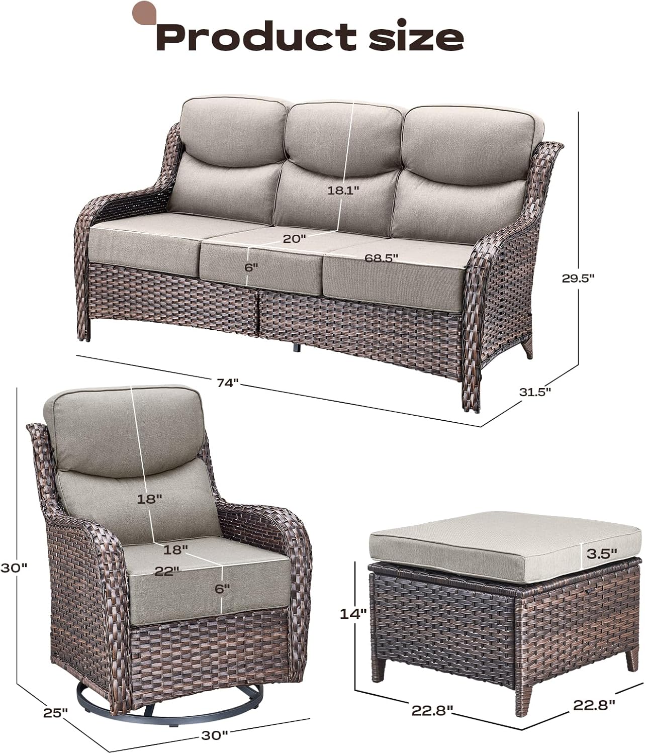 Wicker Outdoor Patio Furniture Set - 5 Piece Patio Conversation Sets with Swivel Rocker Chairs, Ottomans and Sofa, 6 inch Cushions, Waterproof Wicker, for Porch Deck Brown/Beige