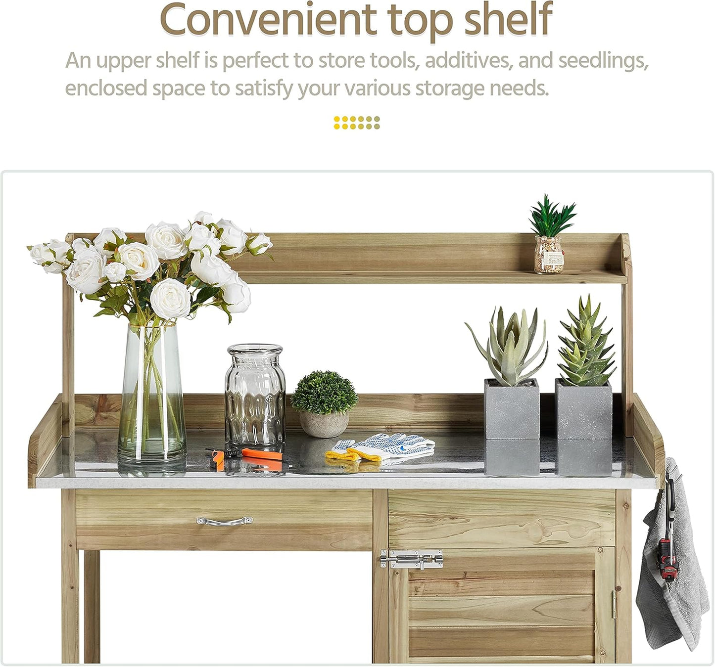 Yaheetech Outdoor Potting Bench Table, Garden Work Bench w/Metal Tabletop Work Station w/Cabinet Drawer, Open Top&Lower Shelf, Handy Hooks, ACQ Lumber Wood, Light Green