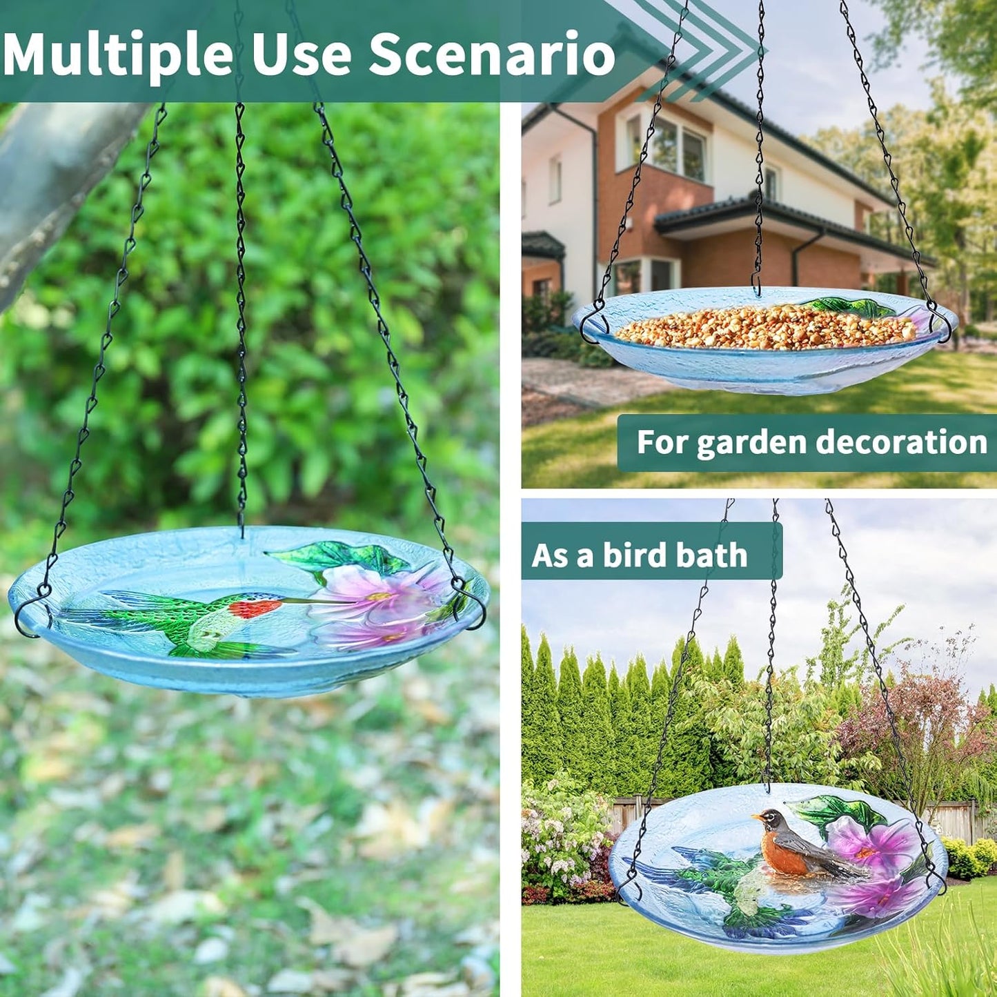 VCUTEKA Glass Hanging Bird Bath for Outdoors, BirdBaths with 21-Inch Rust-Proof Chain, Garden Yard Decor, Hummingbird Pattern