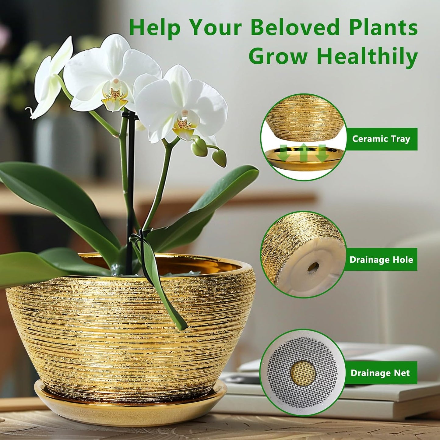 Ceramic Plant Pot Indoor - 9 Inch Planters for Outdoor Plants Decorative Plant Pot with Drainage Hole and Saucer Round Planter Modern Flower Pot Decorative for House Decor Gold