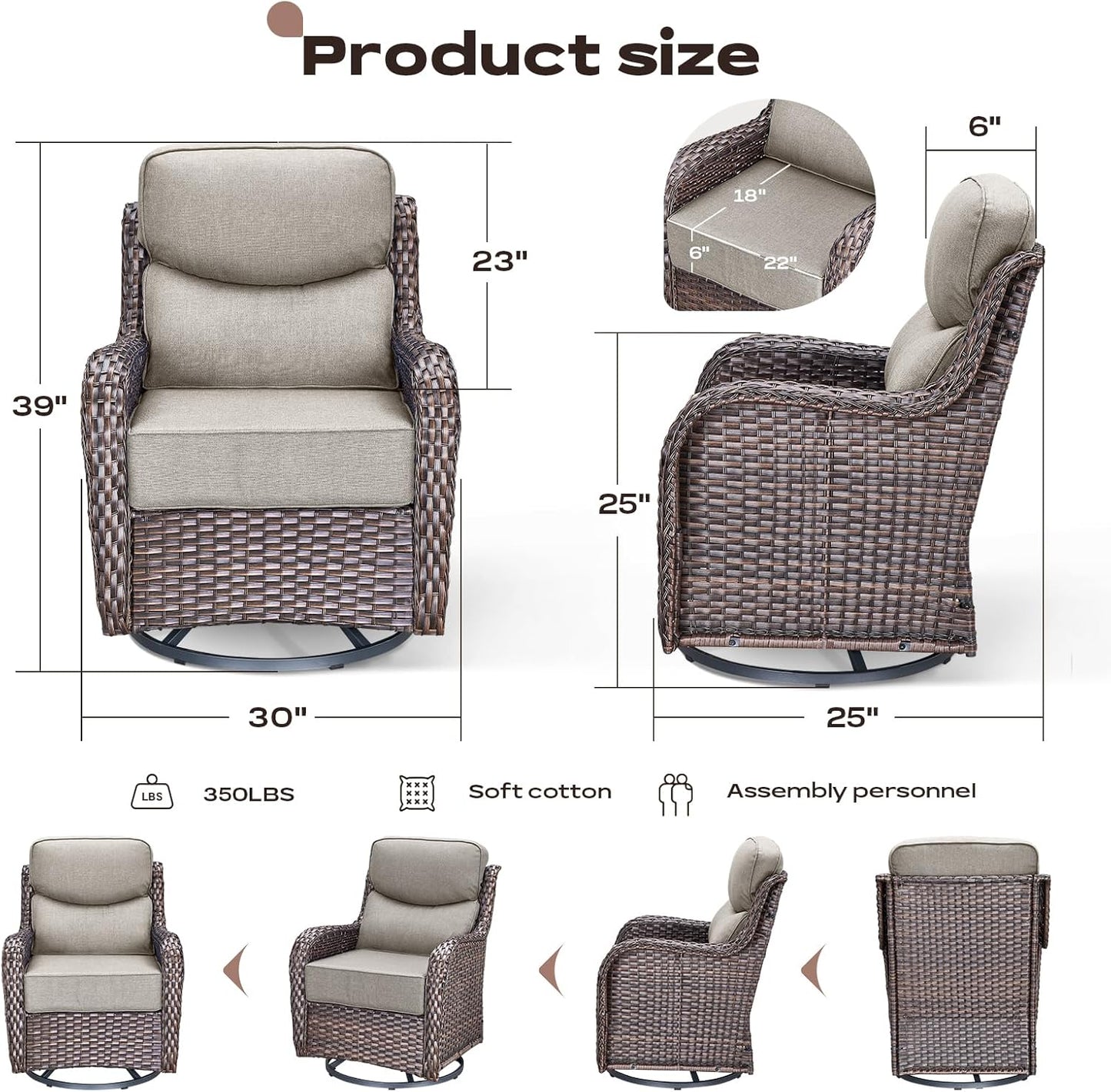 4 Piece Outdoor Patio Swivel Rocker Chairs, Waterproof Wicker, High Back, Deep Seating, Wide Armrest, Upgraded 6 inch Thick Cushions, Ideal for Deck Porch Backyard, Brown/Beige