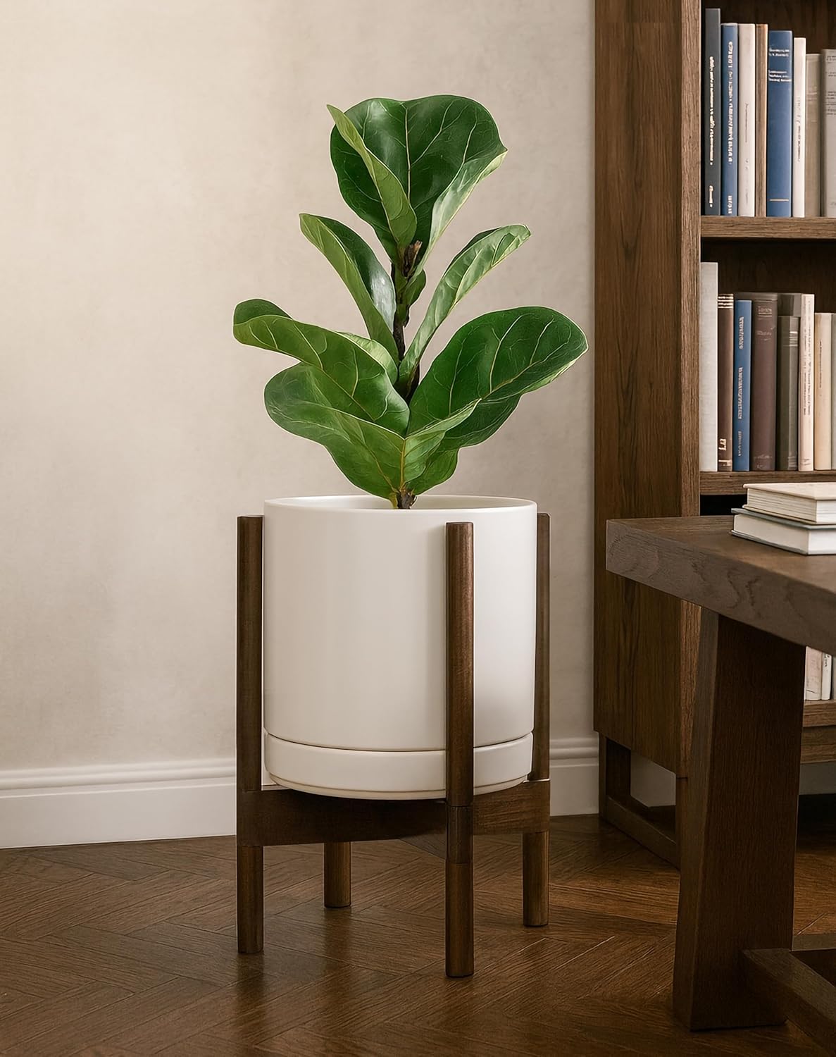 D'vine Dev Ceramic Planter with Walnut Color Stand - 10 Inch Modern Round Flower Pot with Wood Planter Holder, Oatmeal, 55-B-X-8