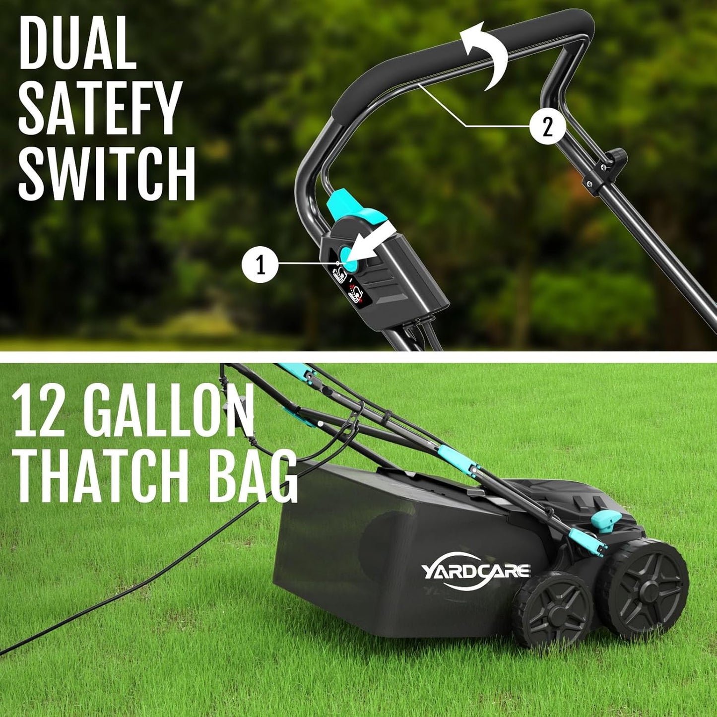 16‑Inch 15Amp 2‑in‑1 Electric Dethatcher & Scarifier with 5‑Position Depth Adjustment, 12 Gallon Removable Grass Collection Bag, Foldable Design, Lawn Thatcher for Yard Lawn Garden Care