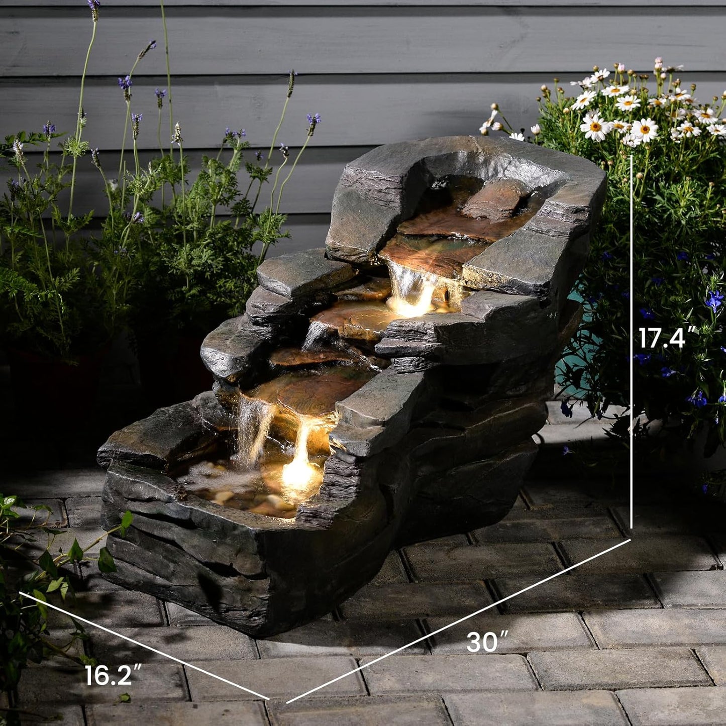 Outdoor Water Fountain 3-Tier Floor Standing Rainforest Rock River Natural Waterfall Fountains with LED Lights for Garden, Patio, Porch, Home Art Decor, 30" L
