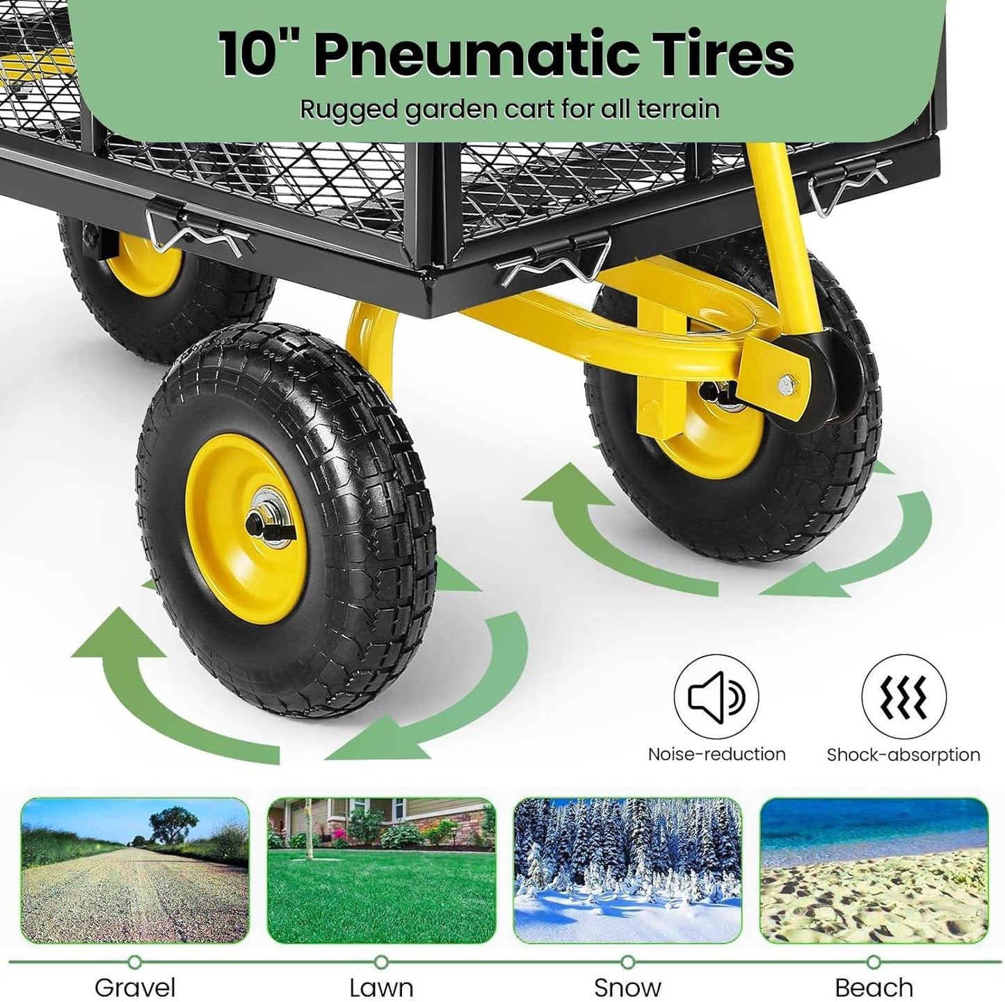 Homdox MAX 880 Lbs Garden Cart, Heavy Duty Foldable Mesh Steel Garden Wagon with 180ยฐ Rotating Handle and 10 Inch Tires, Pullable Yard Cart for Yard Garden Beach Farm, Yellow with Bag