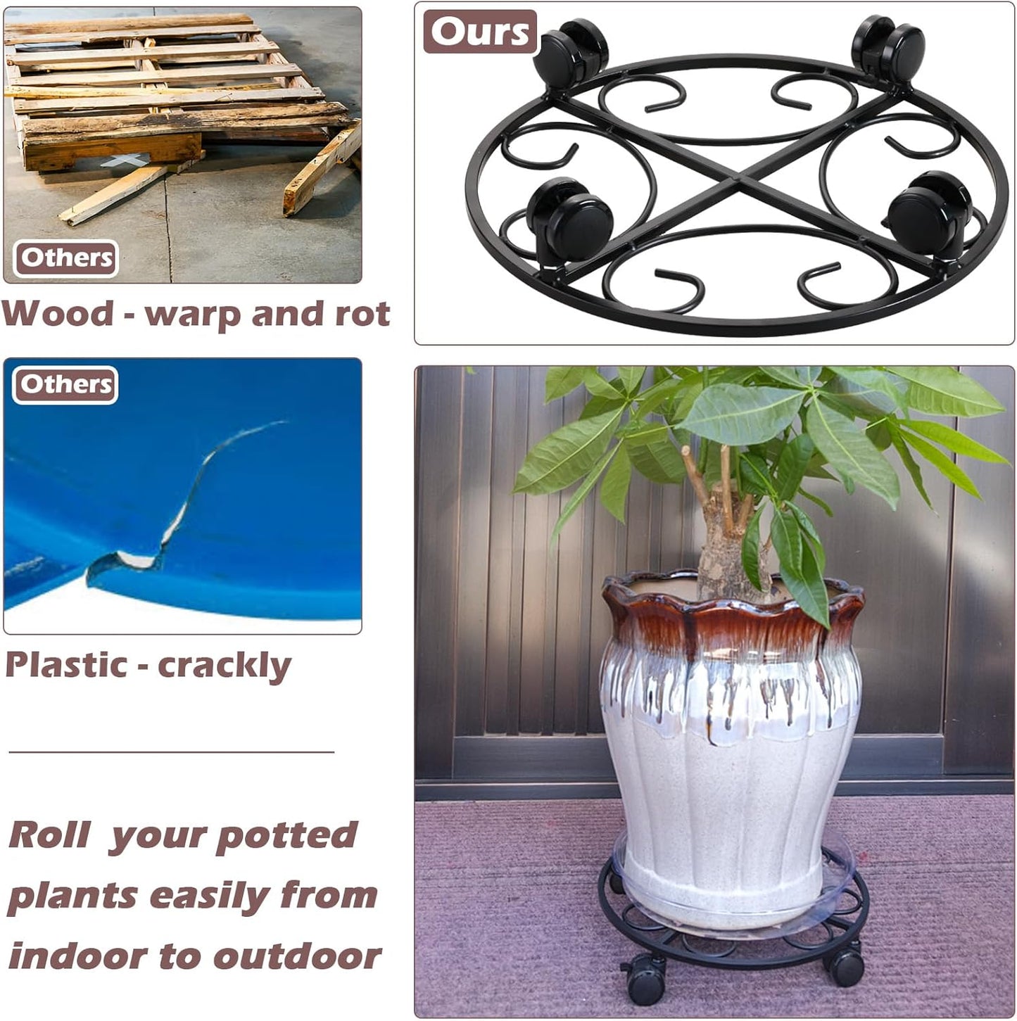 13.5" Metal Plant Caddy with Wheels 5 Packs Large Rolling Plant Stands Indoor Wheeled Plant Dolly Heavy-duty Planter Mover Roller Base Outdoor Plant Trolley Cart Water-proof, Plant Saucers on Wheels