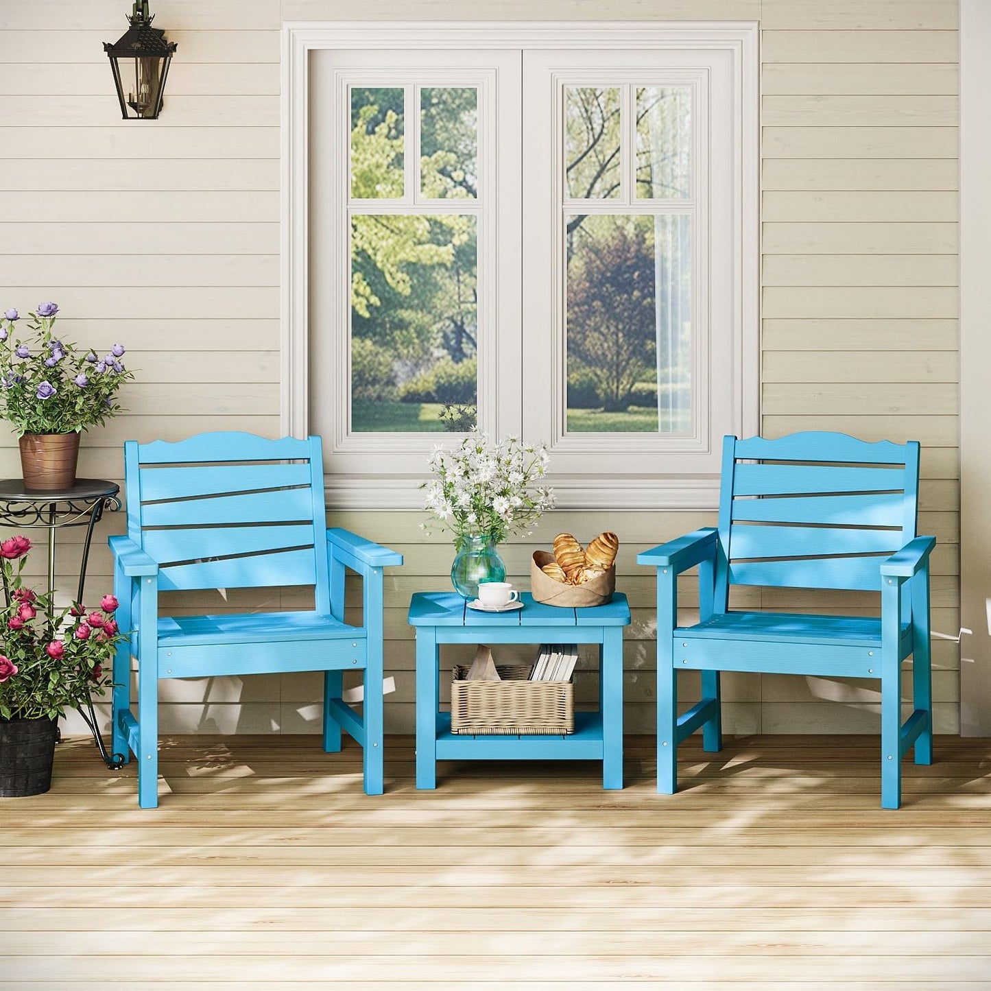 Patio Chairs Set of 2, Weatherproof HIPS Outdoor Dining Chair with Ergonomics Wide Seat, 400lbs Capacity Outdoor Chairs for Garden, Porch, Lawn & Backyard, Lake Blue