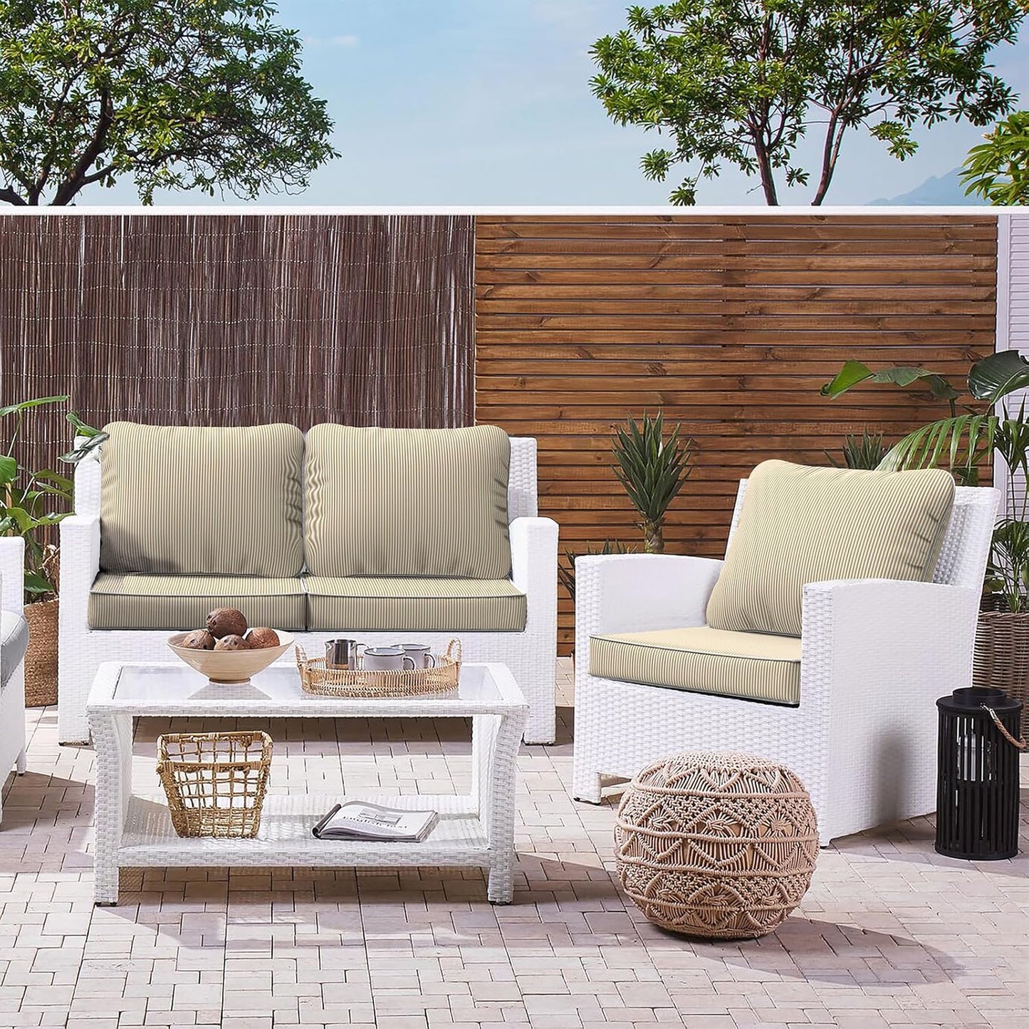 LVTXIII Outdoor Deep Seat Cushion Patio Seat and Back Cushion Set Seasonal Chair Cushion with Removable Cover and Adjustable Buckle for Home and Garden, 24"x24"x4", Strip Beige