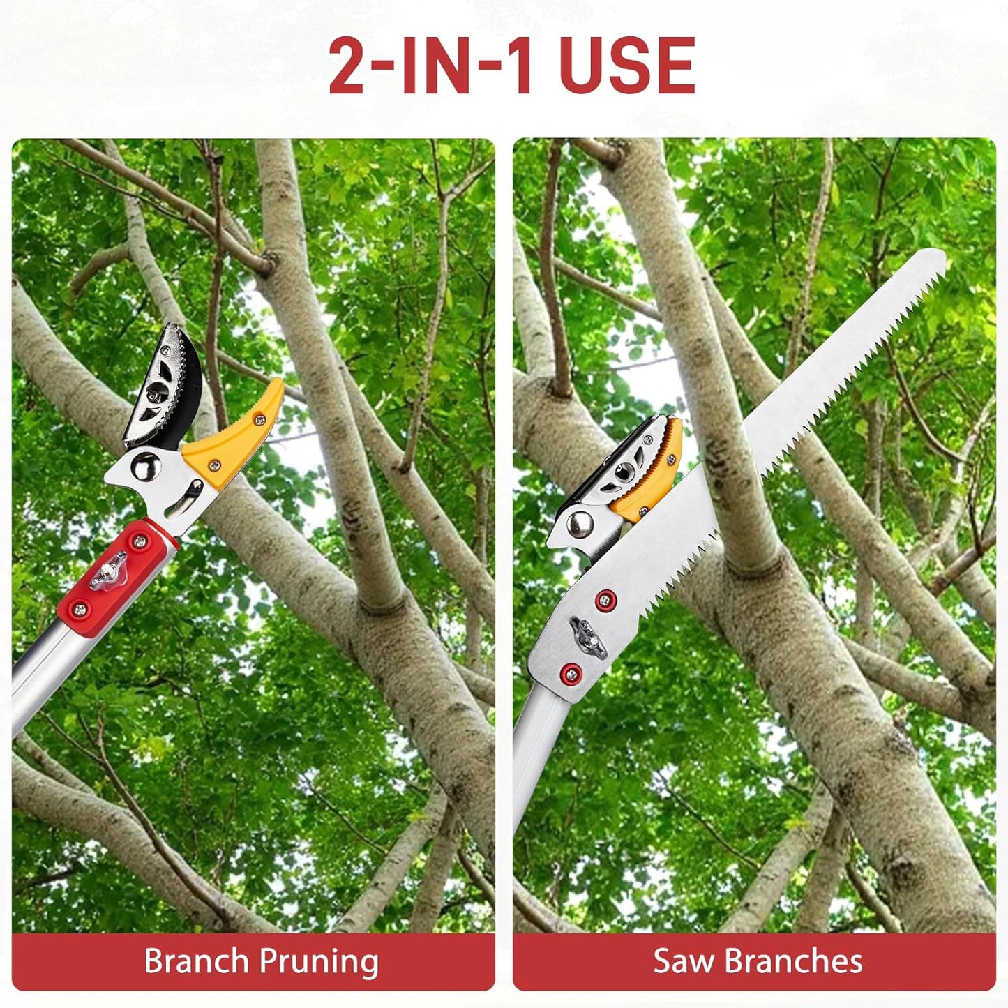 4-in-1 Pruners for Gardening, long handled pruners with Extendable Handle and Safety Lock, 4.4-7.2 Foot Telescopic Saw, Branch Trimmer and Fruit Picker with a Cutting Diameter of 1/2 Inch