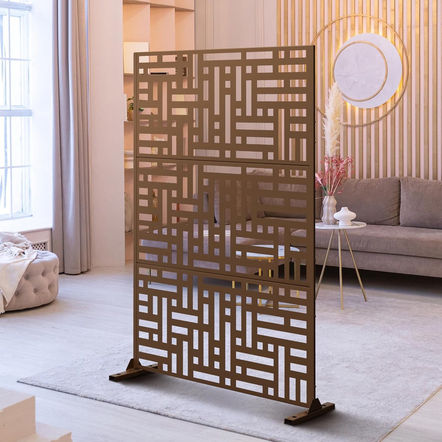 Metal Privacy Screen Outdoor 72" H×47" W,Freestanding Decorative Privacy Screen for Balcony Yard&Garden,Privacy Fence-Brown&Street