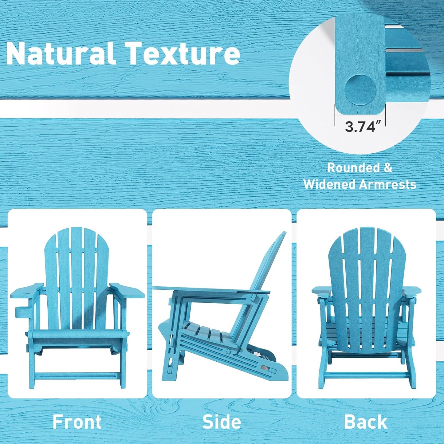 Adirondack Chairs Set of 2, Tool-Free Assembly All-Weather Plastic Adirondack Chairs, HDPE Fire Pit Chairs with Cup Holder, Outdoor Chair for Patio Garden(Lake Blue)