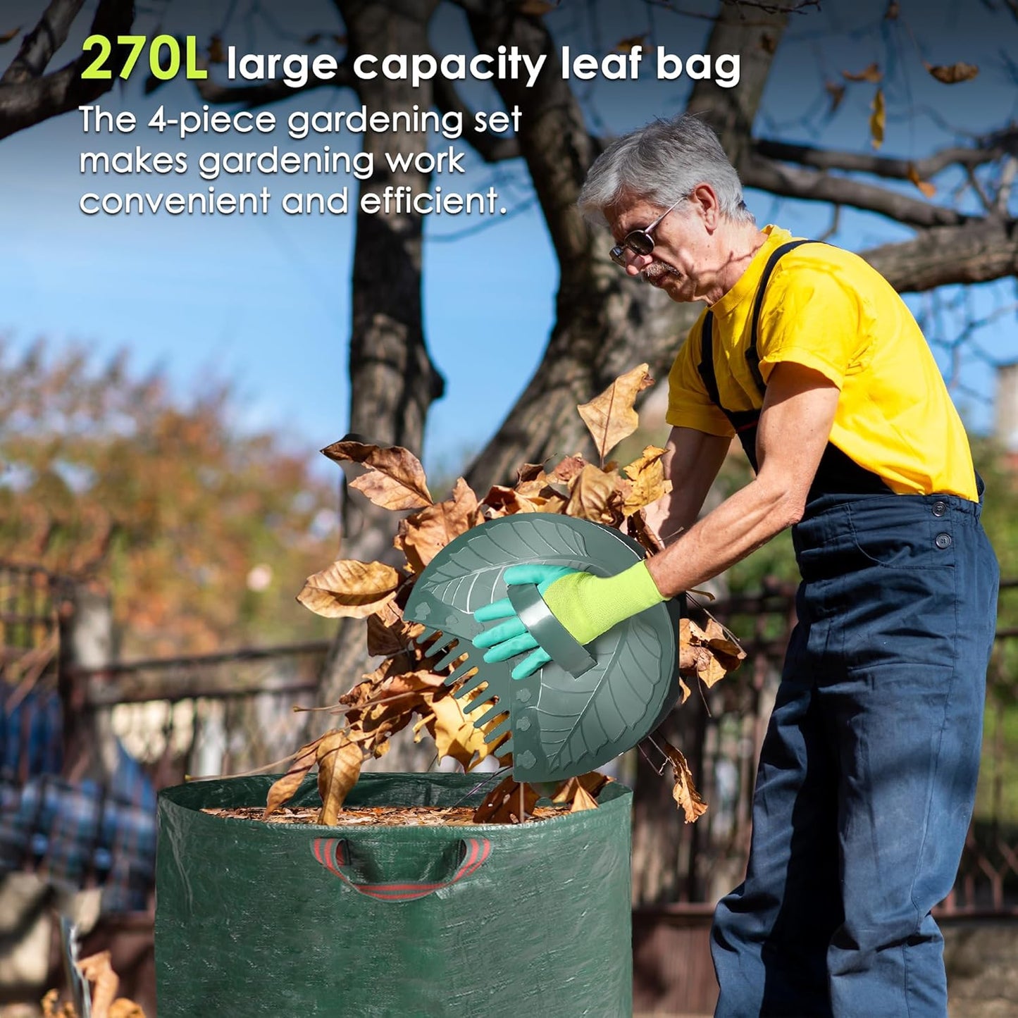 ORIENTOOLS 17Tines Double Row Garden Rake Set with 9Tines Leaf Hand Rakes, 272L Leaves Bin and Gardening Gloves for Scooping and Picking up Leaves, Clear and Collect Garden Rake Kit