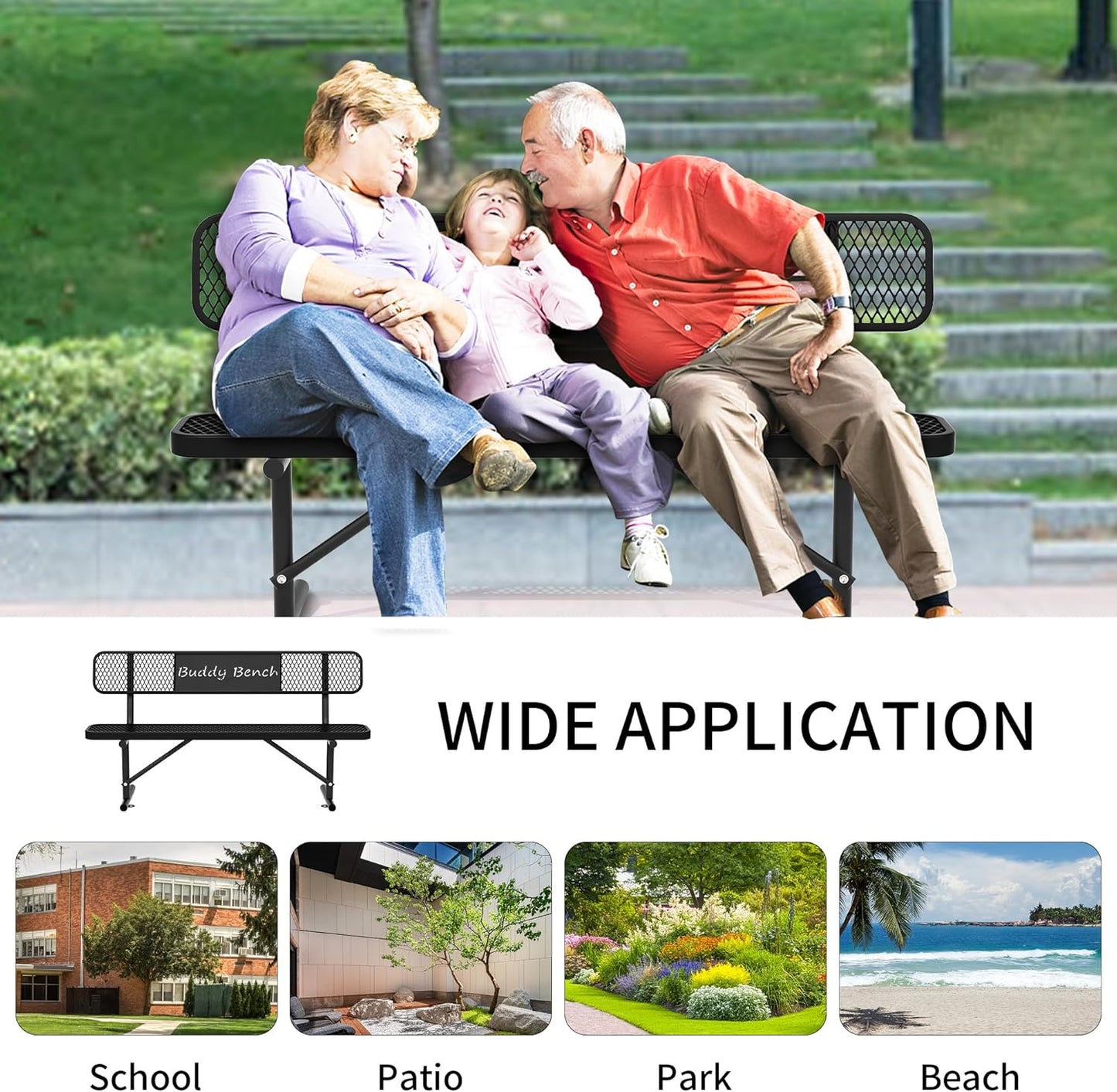 6 Feet Steel Park Bench for Outside, Outdoor Bench with Backrest & Portable Frame, Commercial Benches for Parks, School, Patio, Deck, Store,Black