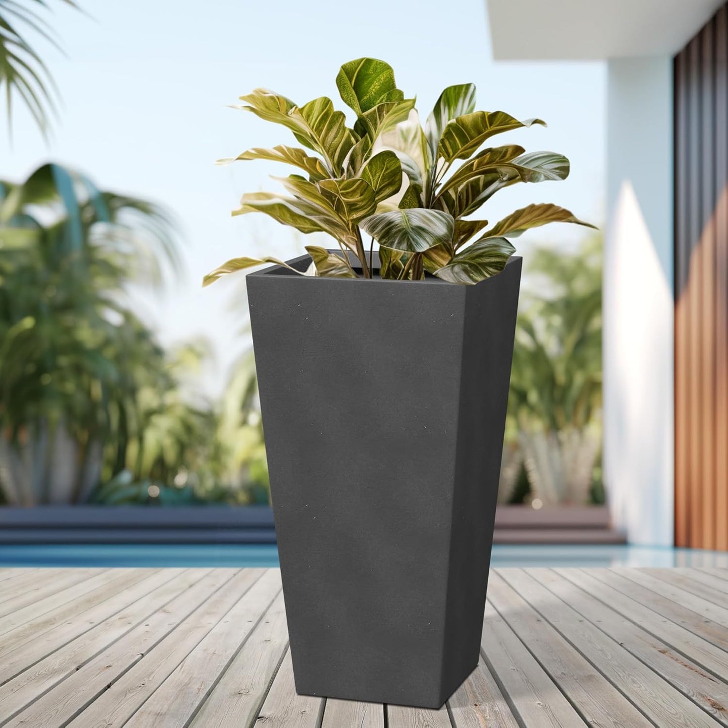 Kante 28 Inch Tall Tapered Concrete Planter, Modern Style Large Plant Pot with Drainage Hole and Rubber Plug for Patio, Backyard, Porch, Suitable for Indoor Outdoor Plants, Black
