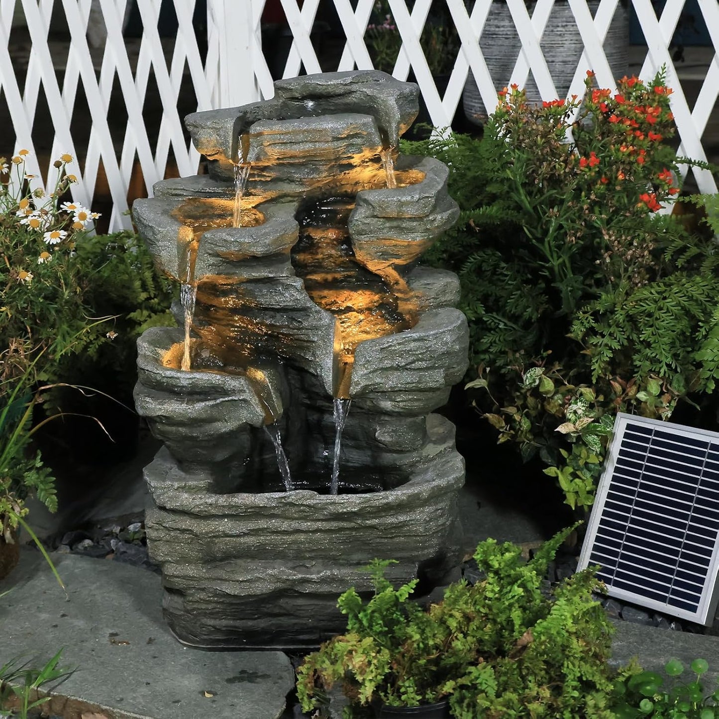6-Tier Solar Water Fountain Outdoor, 24.4" H Cascading Rock Feature Garden Fountains and Waterfalls with Light, Pump, Solar Panel for The Patio, Deck, Porch, Backyard Home Décor, Stone Gray