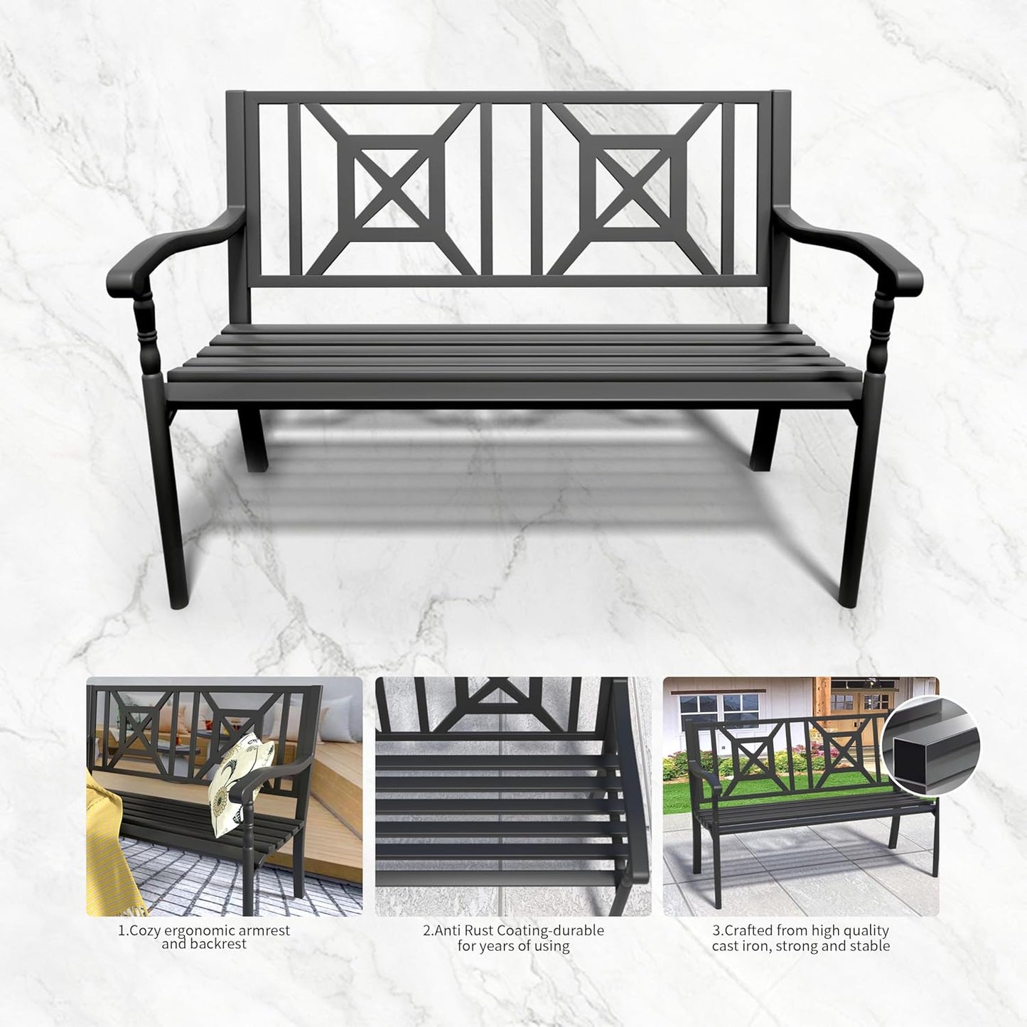 YLGJ&TIDY 50" Outdoor Bench, Metal Garden Bench, Patio Park Bench with Backrest & Armrests, Rust-Resistant, Perfect for Gardens, Parks, Porch, Lawn and Yard (BENCH05)