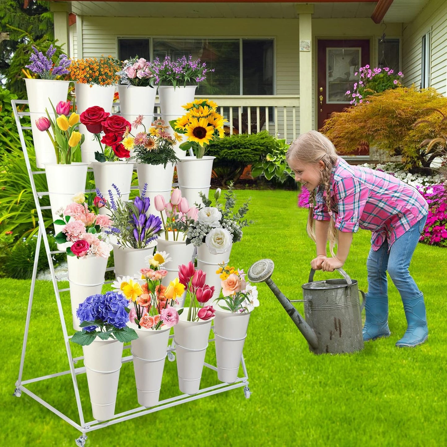 Flower Display Stand with Buckets, 3 Layers Metal Plant Stand, Moving Florist Bouquet Shelf for Fresh Flower Shop, for Patio Garden, Outdoor Flower Pop-Up Events (White Frame - White Bucket)