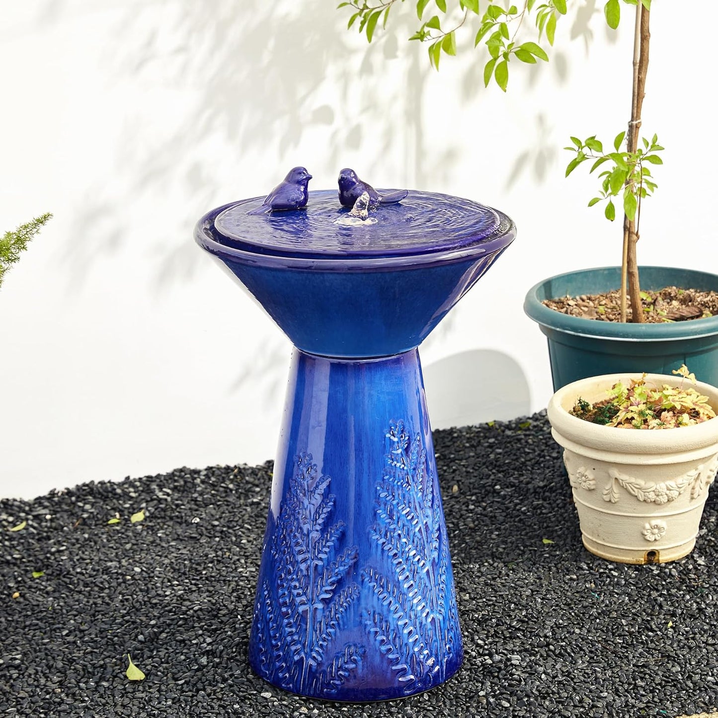 Glitzhome 27.5"H Outdoor Garden Water Fountain with LED Lights and Pump, Cobalt Blue Two Birds Embossed Plant Pattern Pedestal Ceramic Floor-Standing Fountain for Porch Deck Patio Backyard Decoration