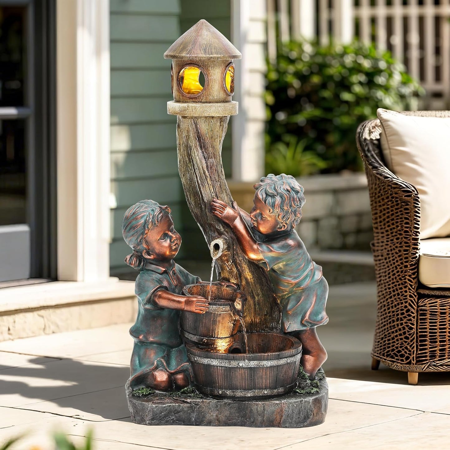 31" Resin Outdoor Water Fountain with LED Lights, Boy and Girl, Pagoda and Wood Barrel Garden Fountain, 3-Tier Cascading Waterfall for Tranquil Backyard, Patio or Porch, Faux Bronze Finish