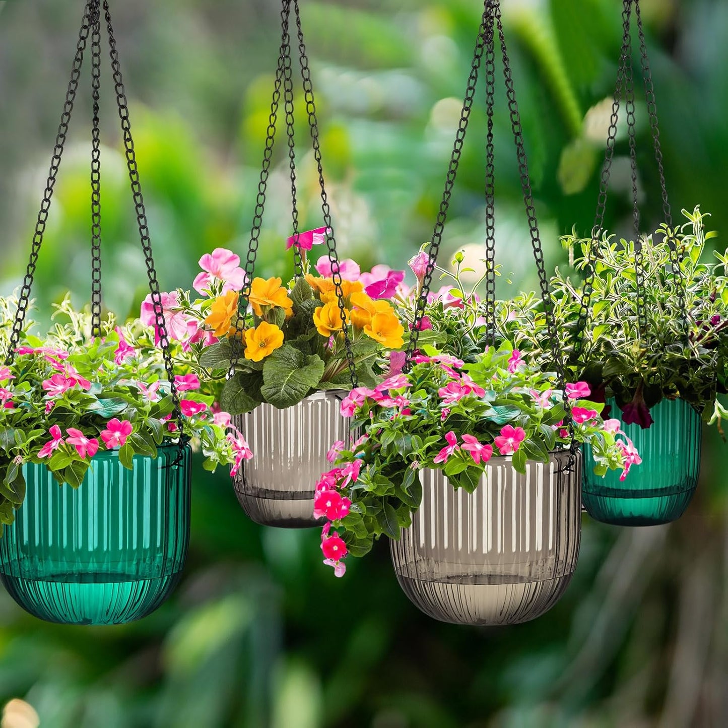 Maxcheck 4 Pcs Self Watering Hanging Planters Indoor Gift 6.5'' 4.5'' Hanging Flower Pots Baskets Outdoor Self Watering Plant with 3hooks Drainage Holes for Home(Emerald,Grey)