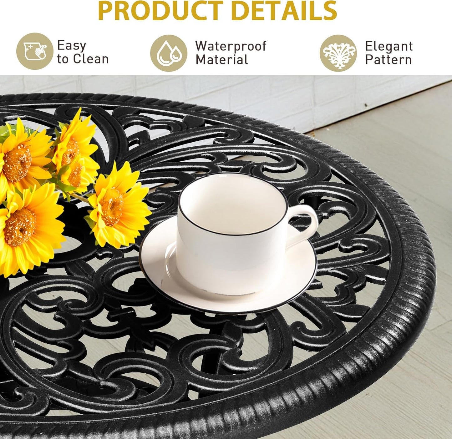 Outvita Patio Side Table, 23.6in Outdoor Round Cast Aluminum Bistro Table with Umbrella Hole and Antique Design for Backyard Porch Pool Balcony Deck Black