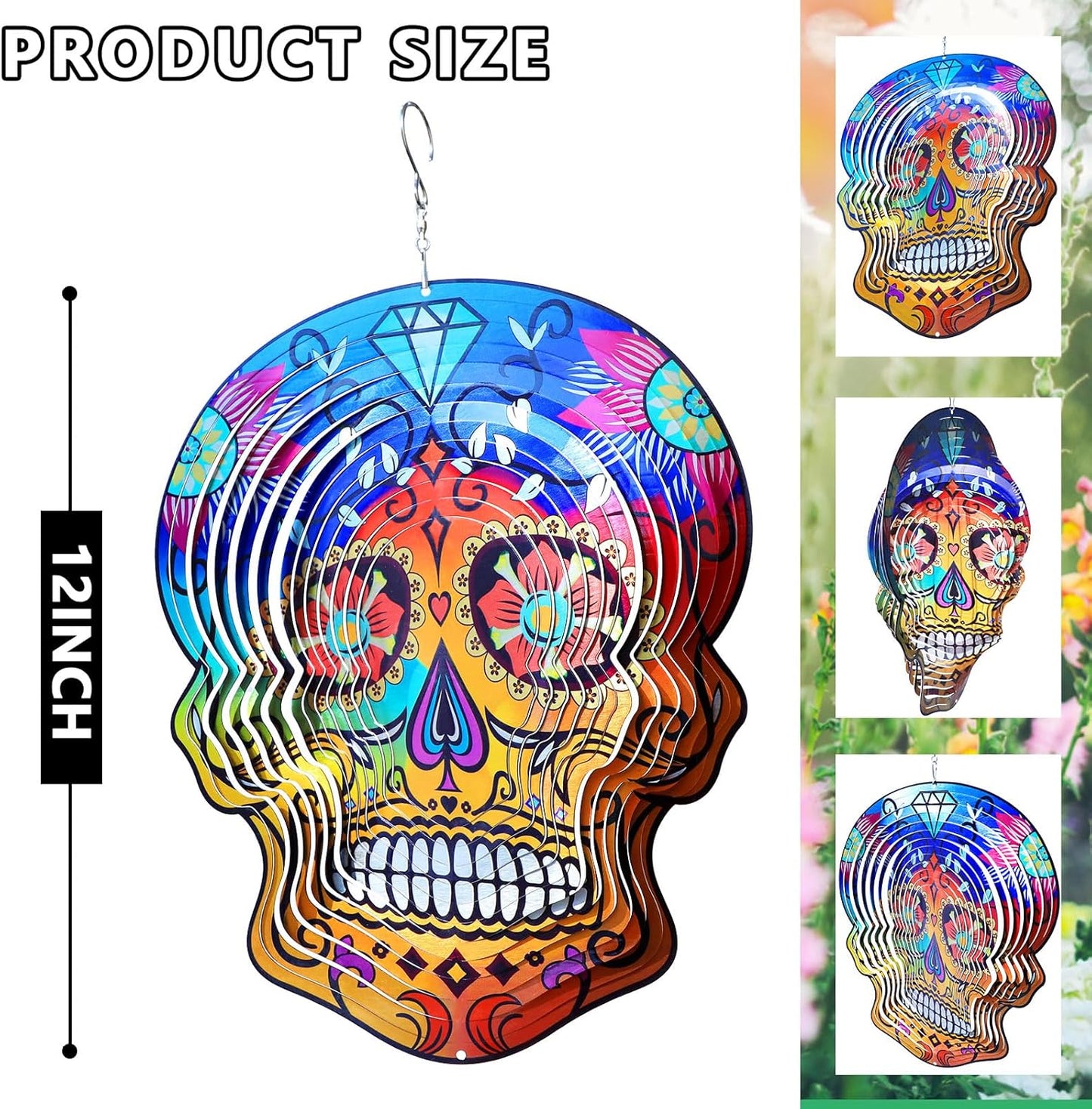 Goolyrusim Metal Wind Spinner - Sugar Skull Wind Spinners, Kinetic Hanging Wind Sculpture 3D Skeleton Wind Catcher for Yard and Garden Decoration Outdoor Decor, Unique Gifts for Halloween, Christmas
