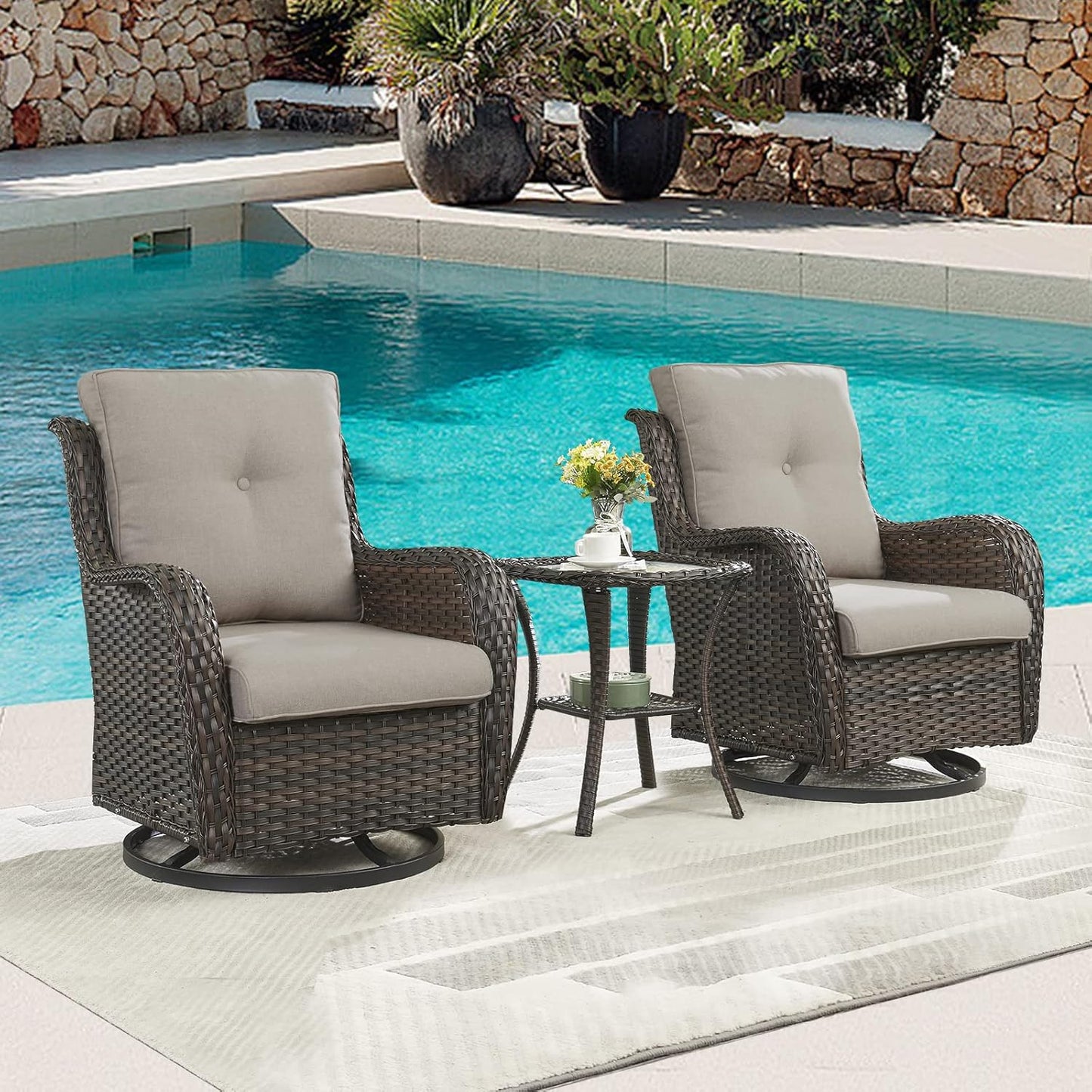 Outdoor Patio Swivel Rocker Chairs - 3 Piece Patio Bistro Set,Wicker Patio Furniture Set with 2 Swivel Rocking Chairs and 1 Glass Top Side Table for Deck Porch Garden,rown/Grey