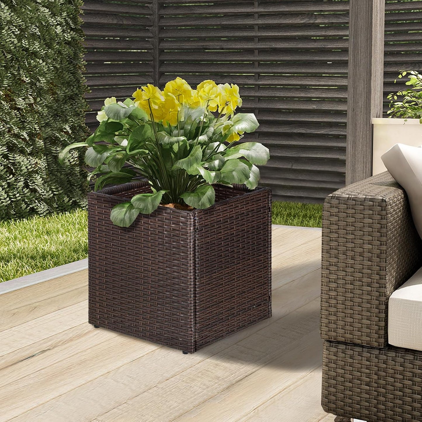 SUNNYPARK Set of 2 Large Square Planter with Removable Liner, All-Weather PE Rattan Modern Planters Indoor Outdoor Flower Plant Pots Garden Box Patio Yard Front Porch Deck