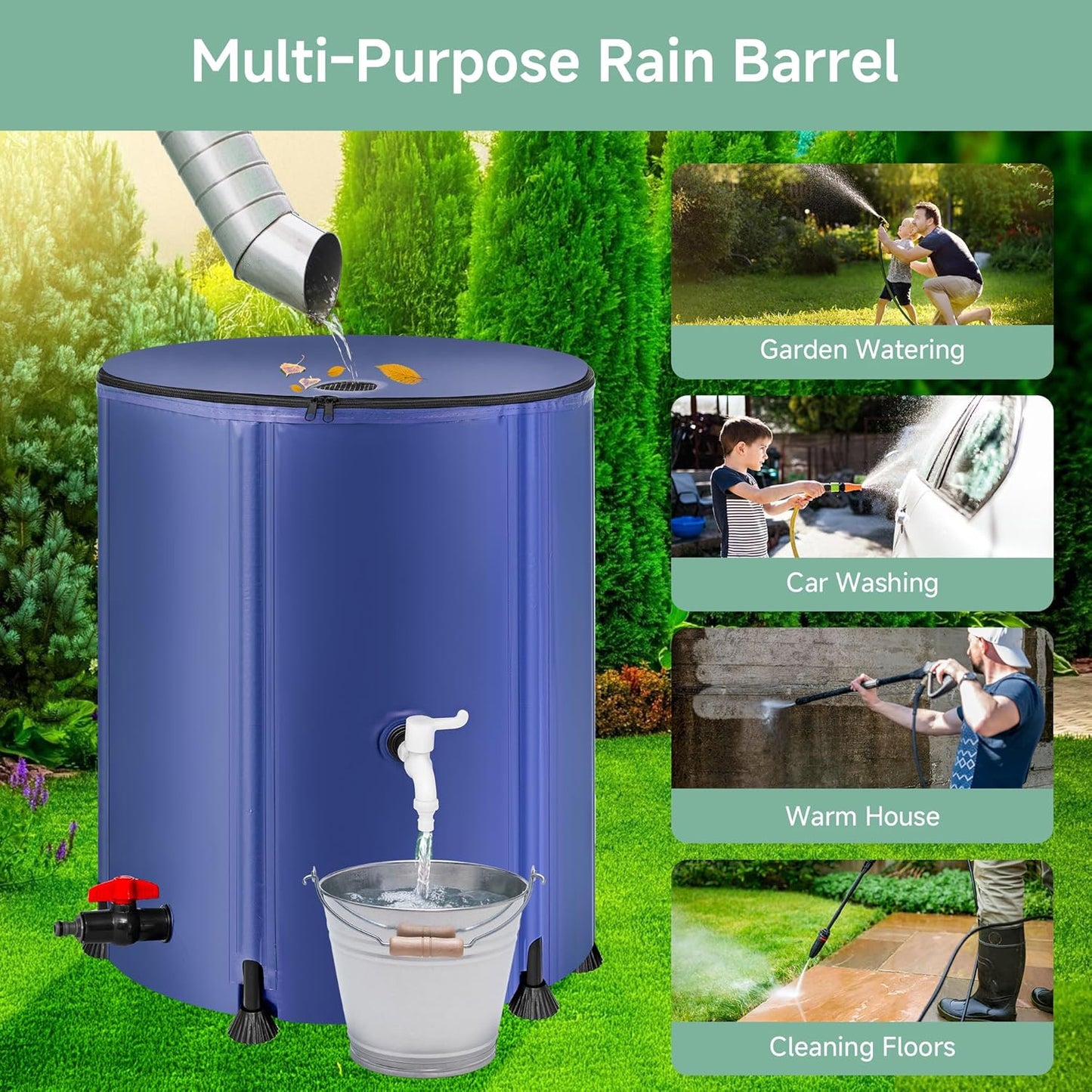 Collapsible Rain Barrel Water Storage Containers-53 Gallon Portable Rainwater Collect System Water Tank to Collect Rainwater from Gutter Downspout Water Catcher with Spigots,Filter&Overflow Kits