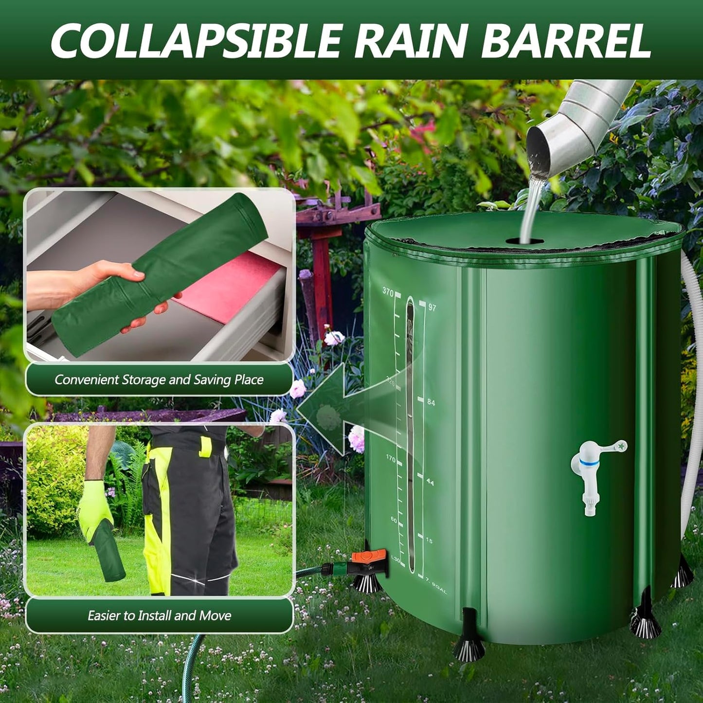 100 Gallon Collapsible Rain Barrel, 380L Water Storage Tank with Scale Mark for Garden Plant Watering, Farm Irrigation, XL Rainwater Collection System with Spigots, Overflow Kit, Hoses