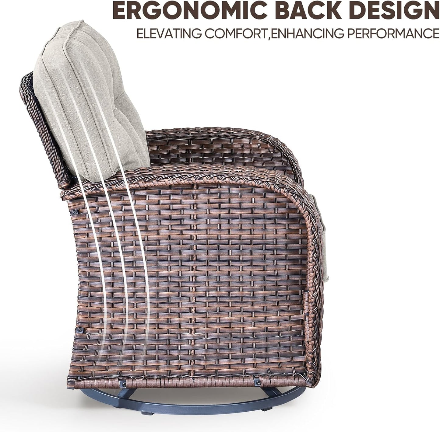 4-Piece Rotating Balcony Chair Set with 31-inch T-Shaped Wide backrest - Rattan Outdoor Rotating Balcony Chairs, Wide backrest Comfortable Outdoor Sliding Chair - Brown Rattan | Beige Cushions