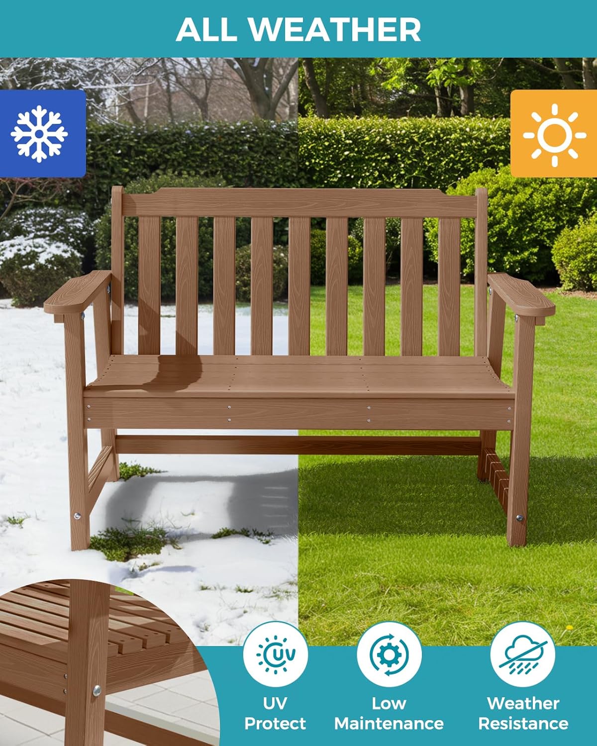 Outdoor Bench, 2-Person HDPE Garden Bench, All Weather Poly Patio Bench for Outdoors, Garden, Backyard, Porch and Park, 660 lbs Weight Capacity, Teak