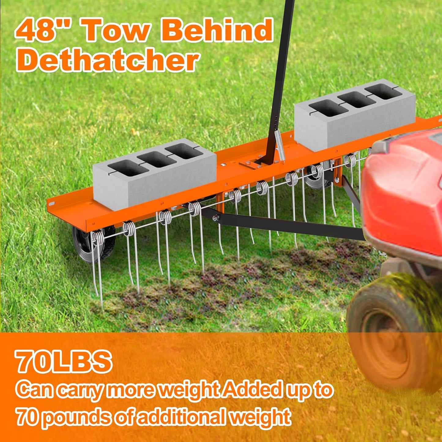 48inch Tow Behind Dethatcher with 24 Spring Steel Tines, Lawn Tractor Rakes with Lift Handle, Tow Behind Rake to Remove Thatch, Riding Lawn Mower Attachments for Outdoor Yard Tools Lawn Care