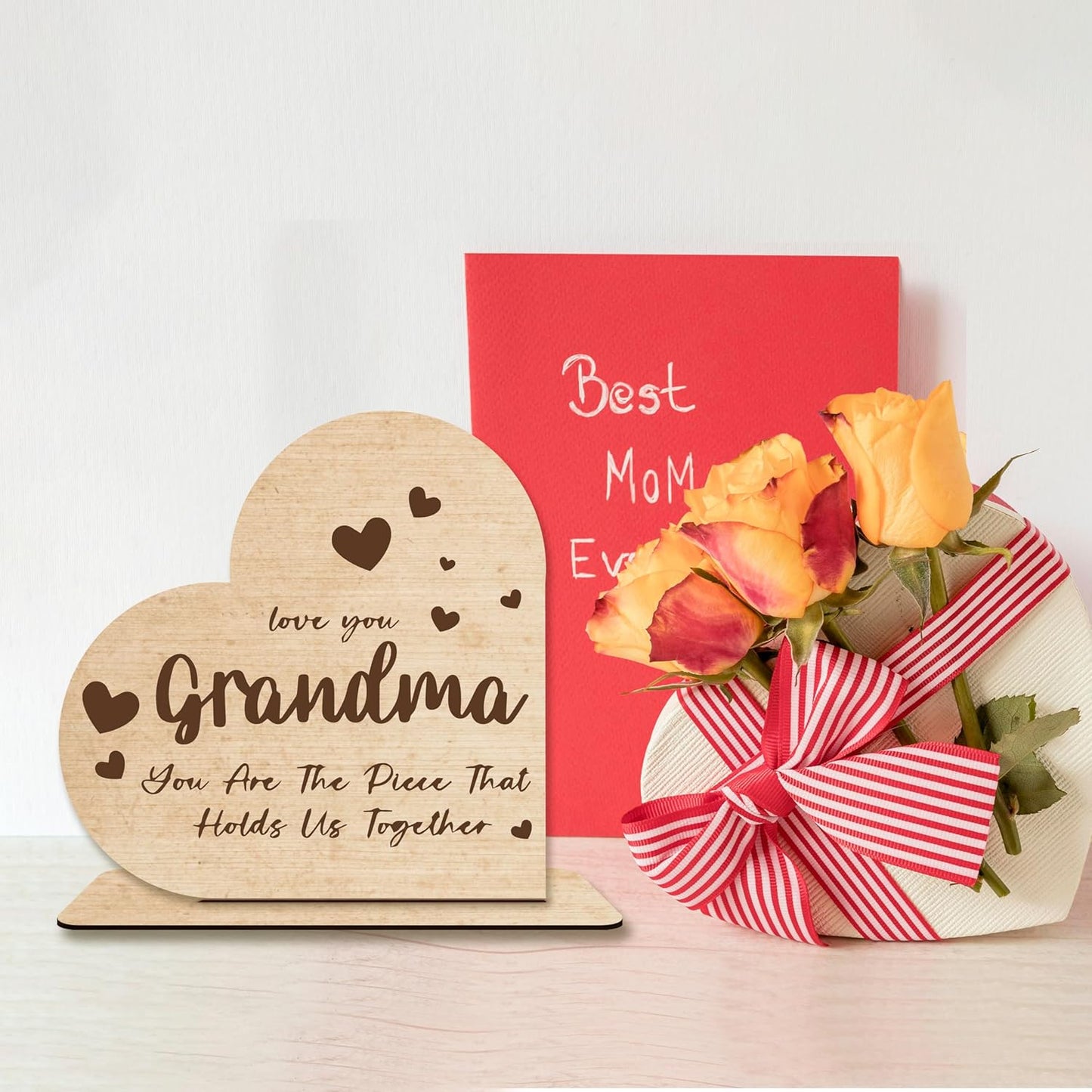 Grandma Gift – “You Are The Piece That Holds Us Together” Heart-Shaped Wooden Plaque, Rustic Desk Decor, Sentimental Wooden Sign for Grandmother.(055)