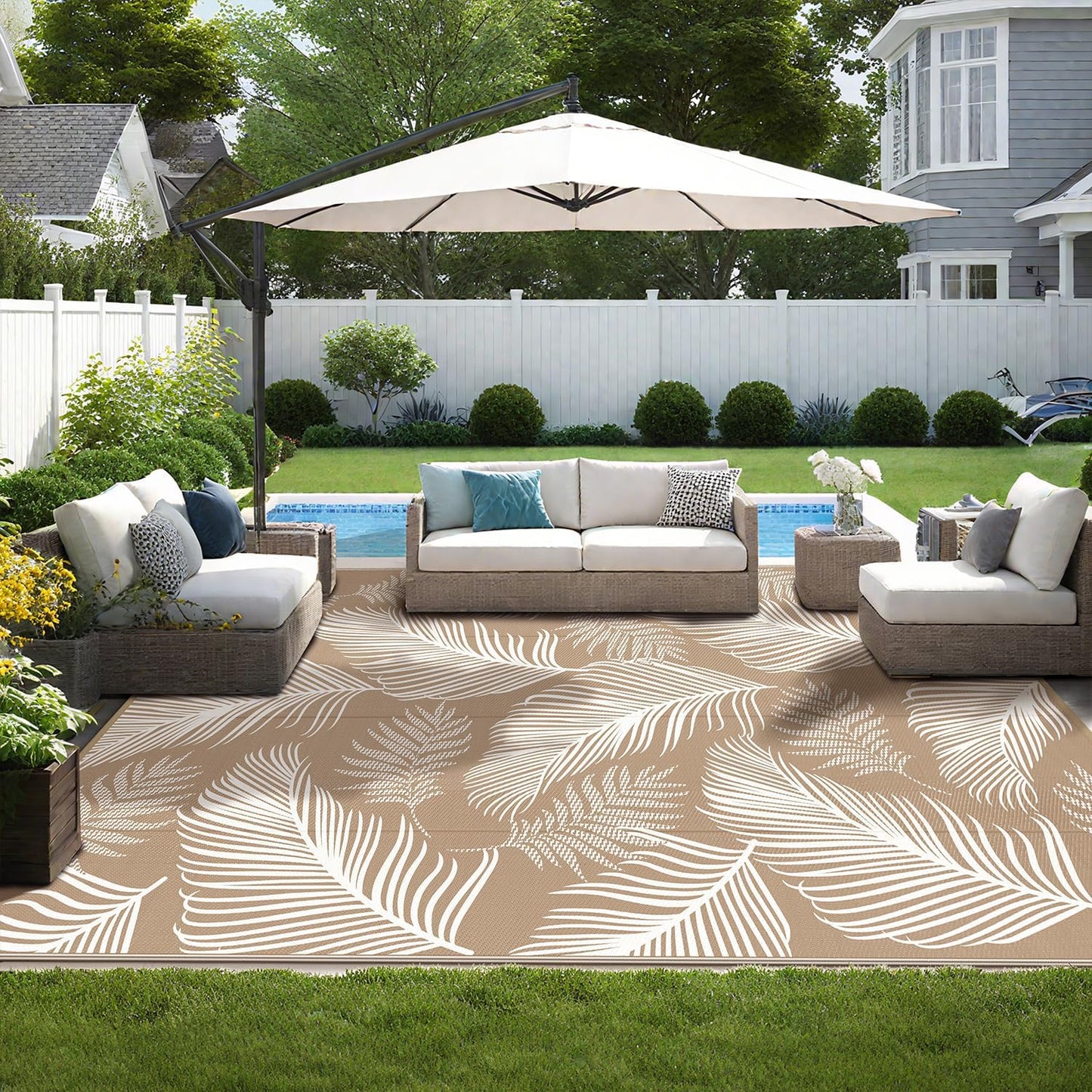 Pauwer Waterproof Outdoor Rug 9x12, Reversible Plastic Straw Patio Camping Rug, Indoor Outdoor RV Mat Carpet for Deck, Camper, Porch, Balcony, Backyard, Picnic, Leaf Brown