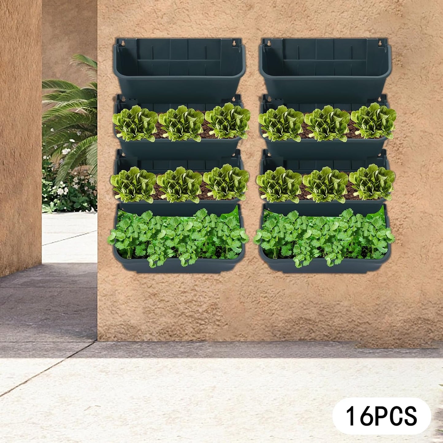 Eapmic Vertical Wall Planter with 16 Pots, Hanging Garden Plant Flowerpot Holder, Stackable Wall-Mounted Planter, Balcony Planters for Flowers Vegetables Fruits (Army Green, 16 Pots)