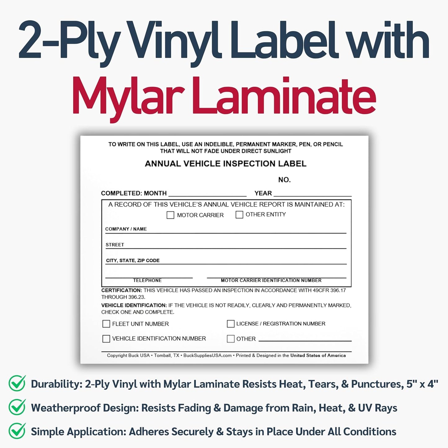 25 Pack 3-Ply Carbonless Annual Vehicle Inspection Report Forms with FMCSA Red Aluminum Labels & White Mylar Laminate Vinyl Labels, DOT Inspection Forms and Stickers, Shrink-Wrapped, 8.5" x 11.75"