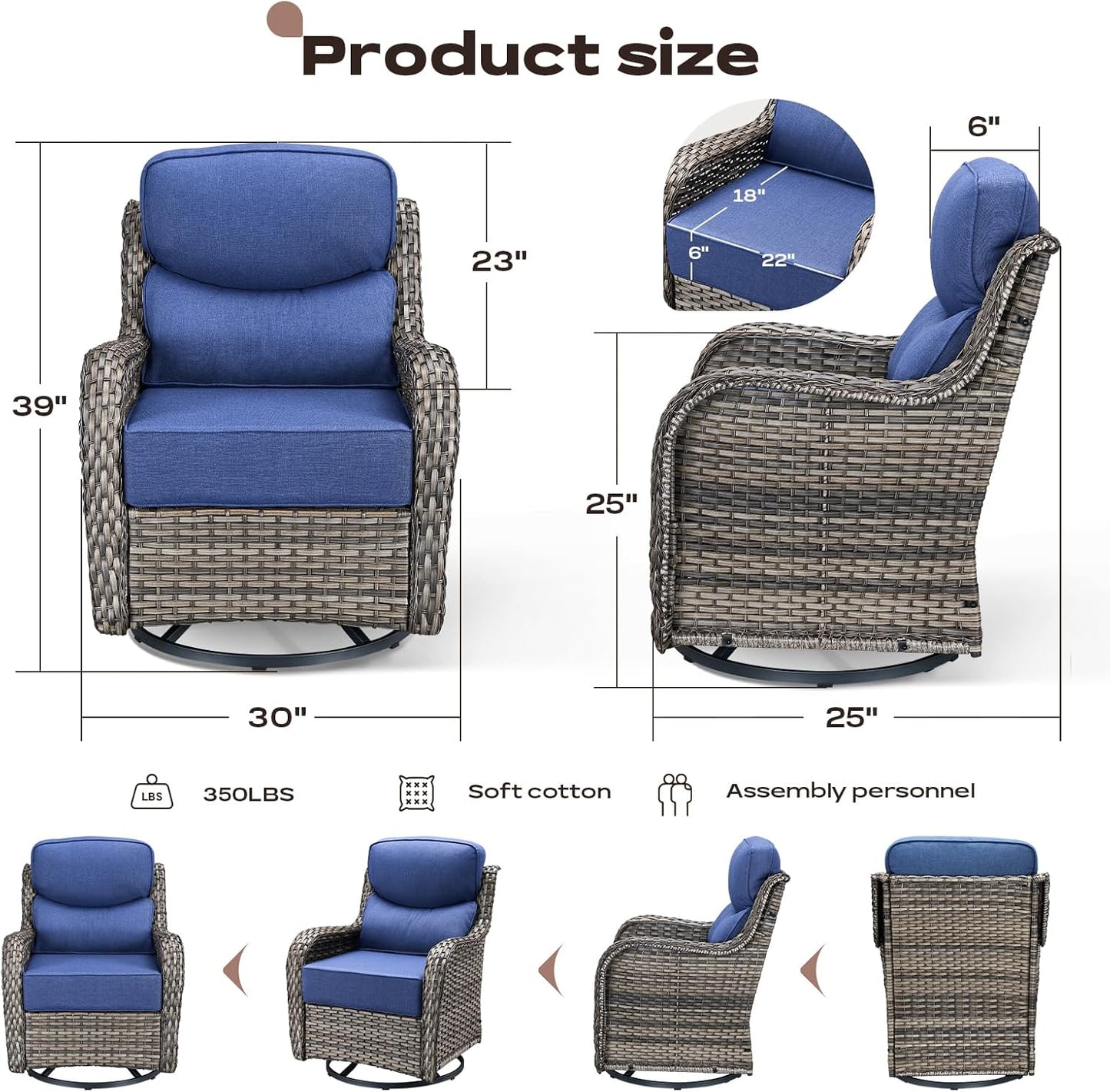 4 Piece Outdoor Patio Swivel Rocker Chairs, Waterproof Wicker, High Back, Deep Seating, Wide Armrest, Upgraded 6 inch Thick Cushions, Ideal for Deck Porch Backyard, Mixed Grey/Blue