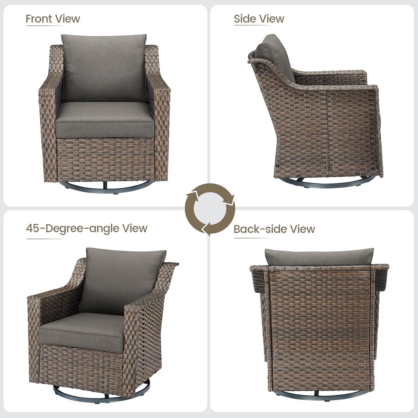 Outdoor Patio Wicker Swivel Chairs - Set of 2 Outside Resin Rattan Rocker Glider Gliding Chair Rocking Armchairs for Front Porch Balcony Backyard Yard Deck Poolside Apartment – Brown/Grey