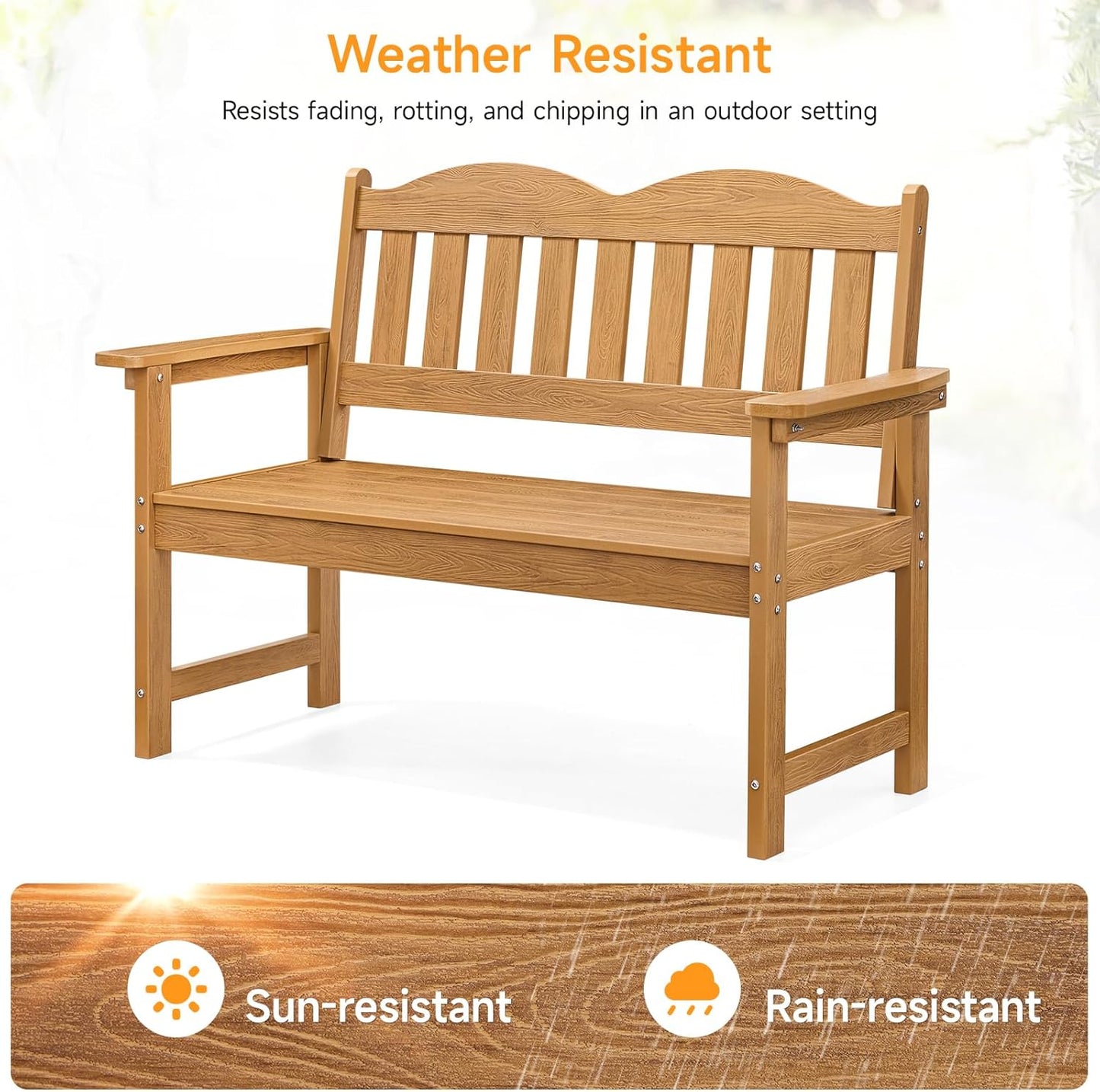 Outdoor Bench, 2-Person Poly Lumber Garden Bench with 800 lbs Weight Capacity, All-Weather Patio Bench with Armrests and Backrest for Garden, Porch, Backyard and Park, Teak