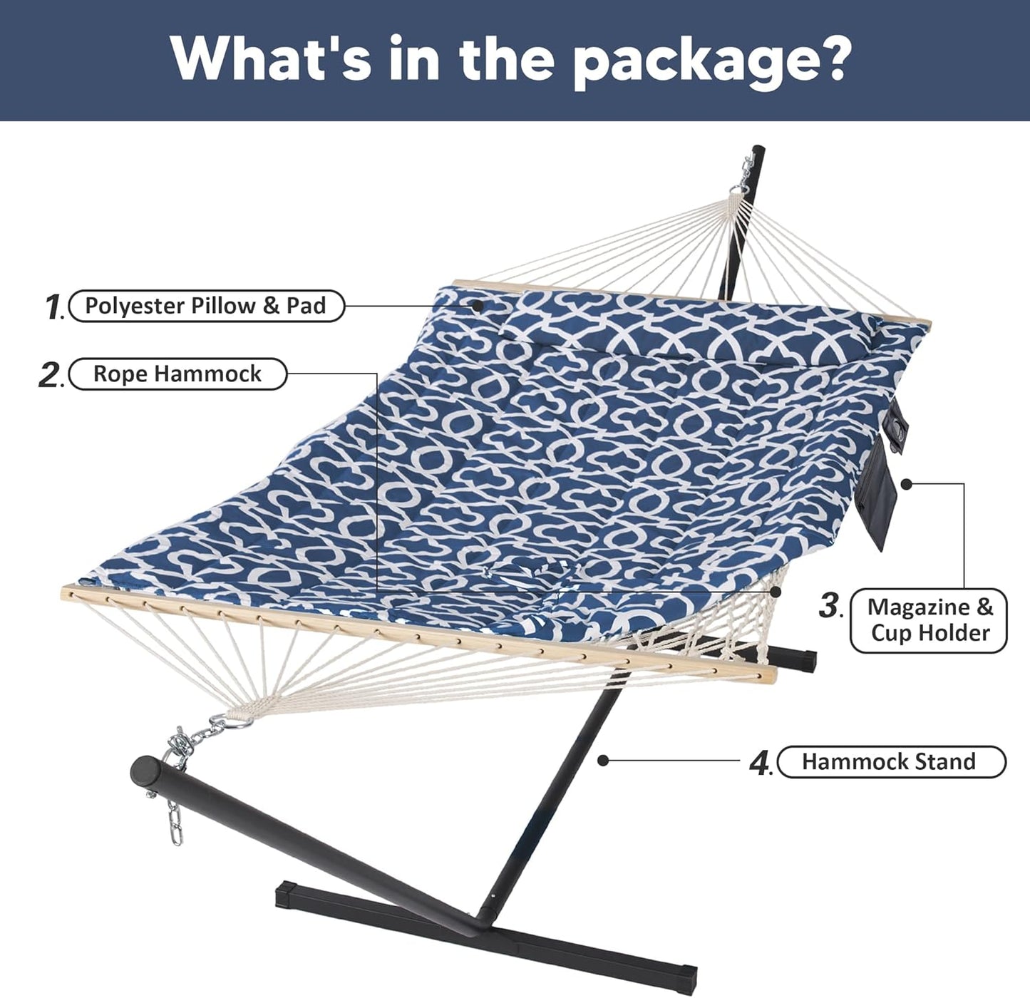 SUNCREAT Double Portable Hammock with Stand Included, 475 lbs Capactiy, Extra Large Two Person Hammock, Blue Pattern