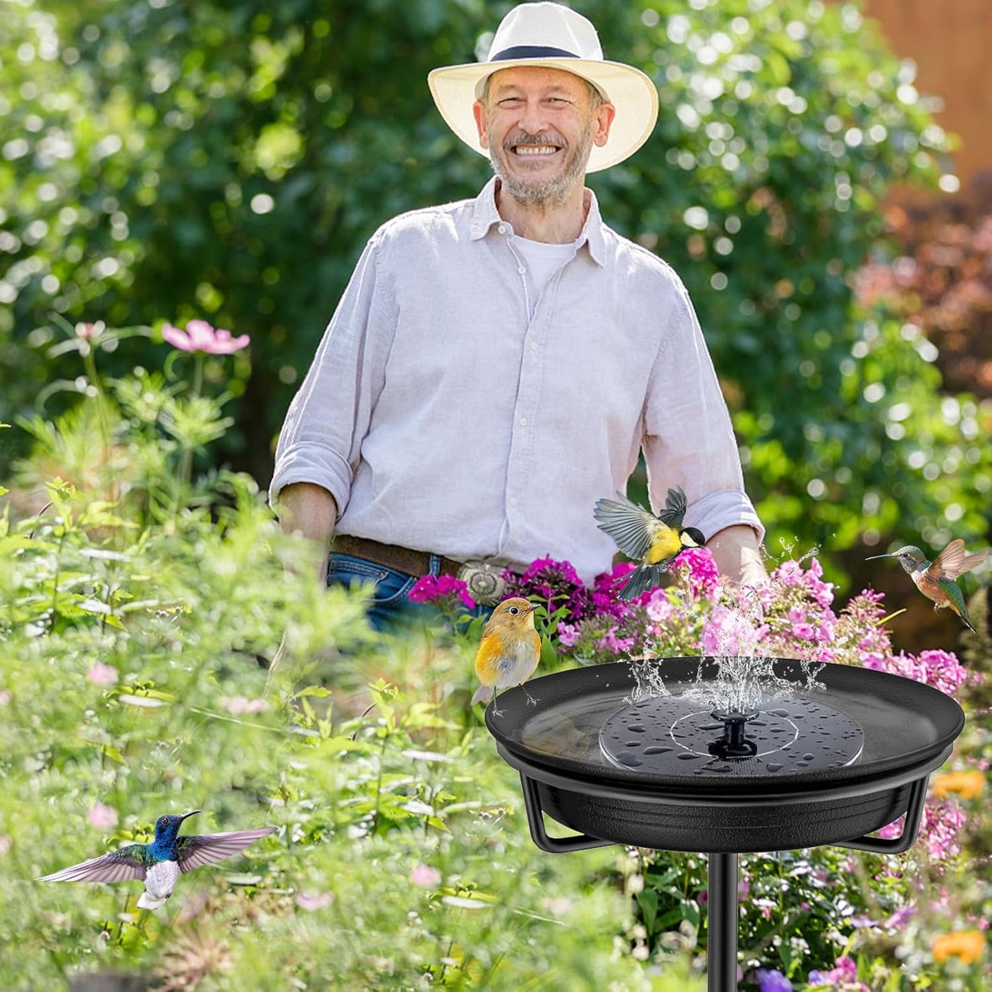 Bird Baths for Outdoors, Detachable Birdbaths for The Garden Clearance, Freestanding Bird Baths for Outdoors Heavy Duty, Bird Bath Bowl Spa & Birdfeeder with Metal Stake Stand (Black)