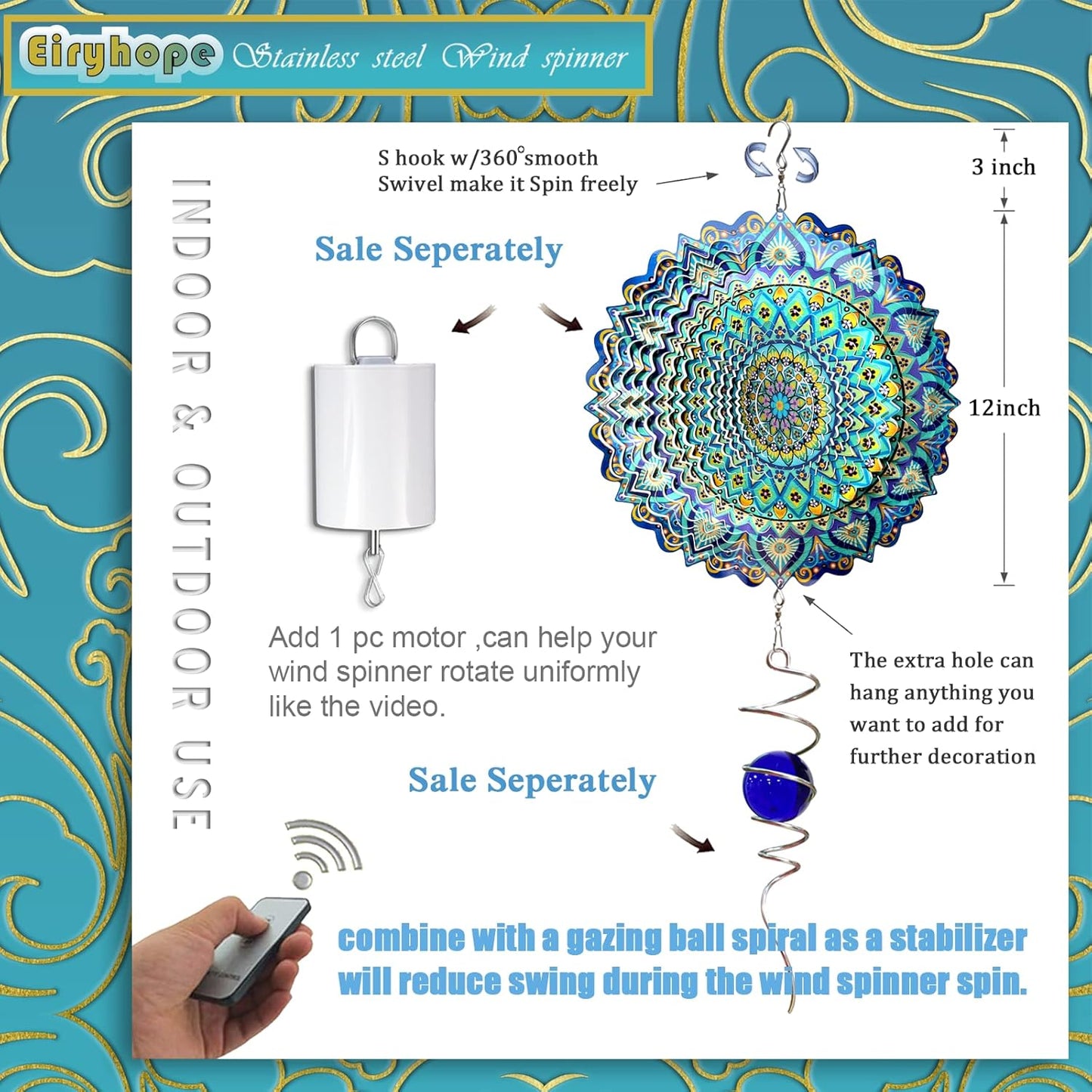 Wind Spinner Mandala Peacock - 12In Laser Cut Stainless Steel Wind Spinners Outdoor, 3D Kinetic Hanging Sculpture, Rustproof Metal Garden Decor Yard Art, Unique Gift for Women, Men, Holidays