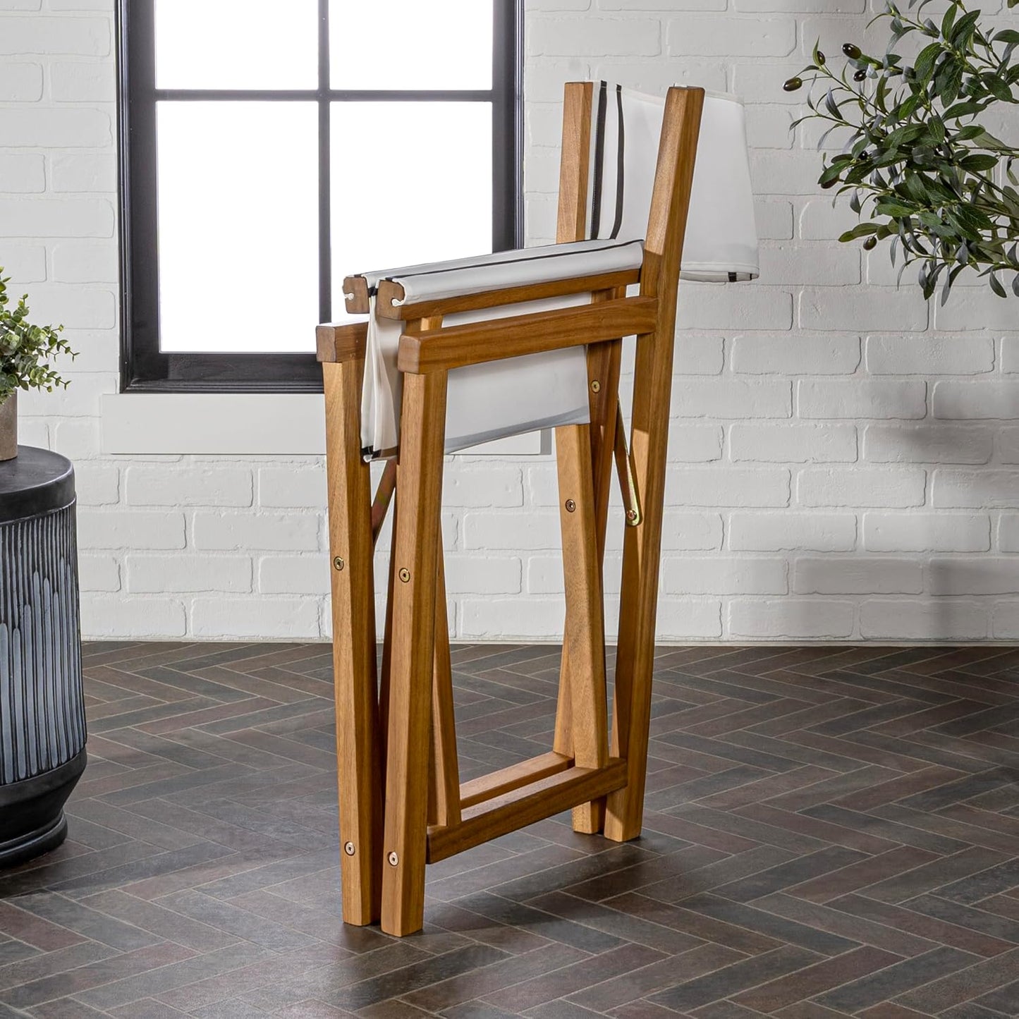JONATHAN Y DRC1001B-SET2 Cukor Classic Vintage Outdoor Acacia Wood Folding Director Chair with Canvas Seat Mid-Century, Modern, Traditional, Classic, Coastal, White/Black Stripe/Teak Brown (Set of 2)