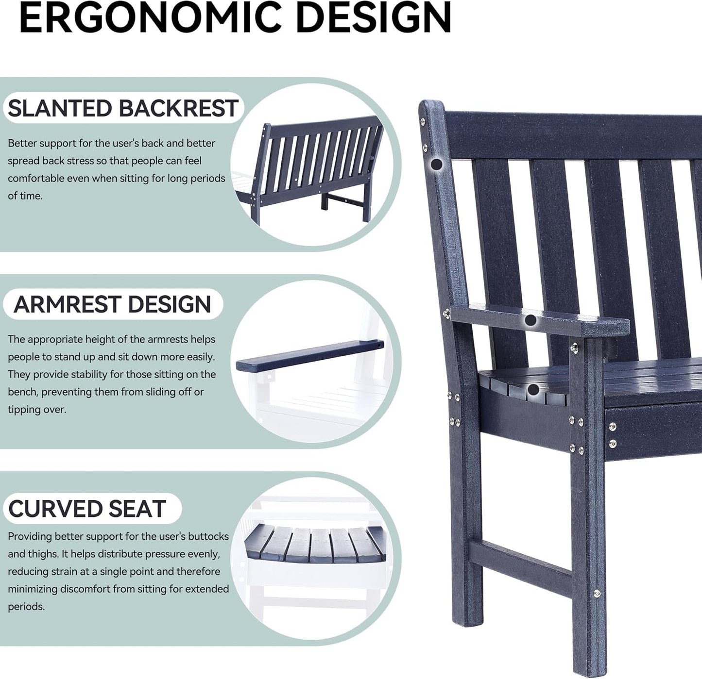 YITAHOME Garden Bench, All Weather Outdoor Bench for 2-3 Persons, Fade/Rot Resistance Patio Benches for Park, Porch, Patio & Backyard (Navy)