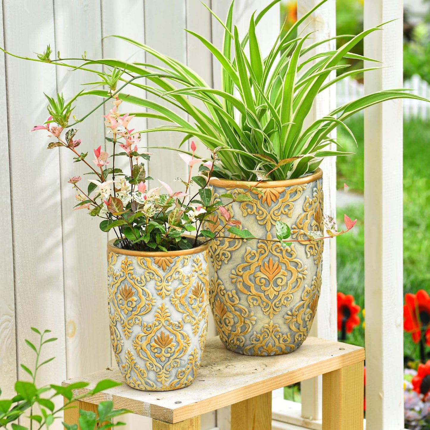 Sungmor Cement Planter Succulent Pots, Set of 2 Concrete Cactus Plant Pot with Drainage Hole, Embossed Design Flower Pot for Home Office Decor, 4.9 Inch & 6.1 Inch Indoor Outdoor Plants Container