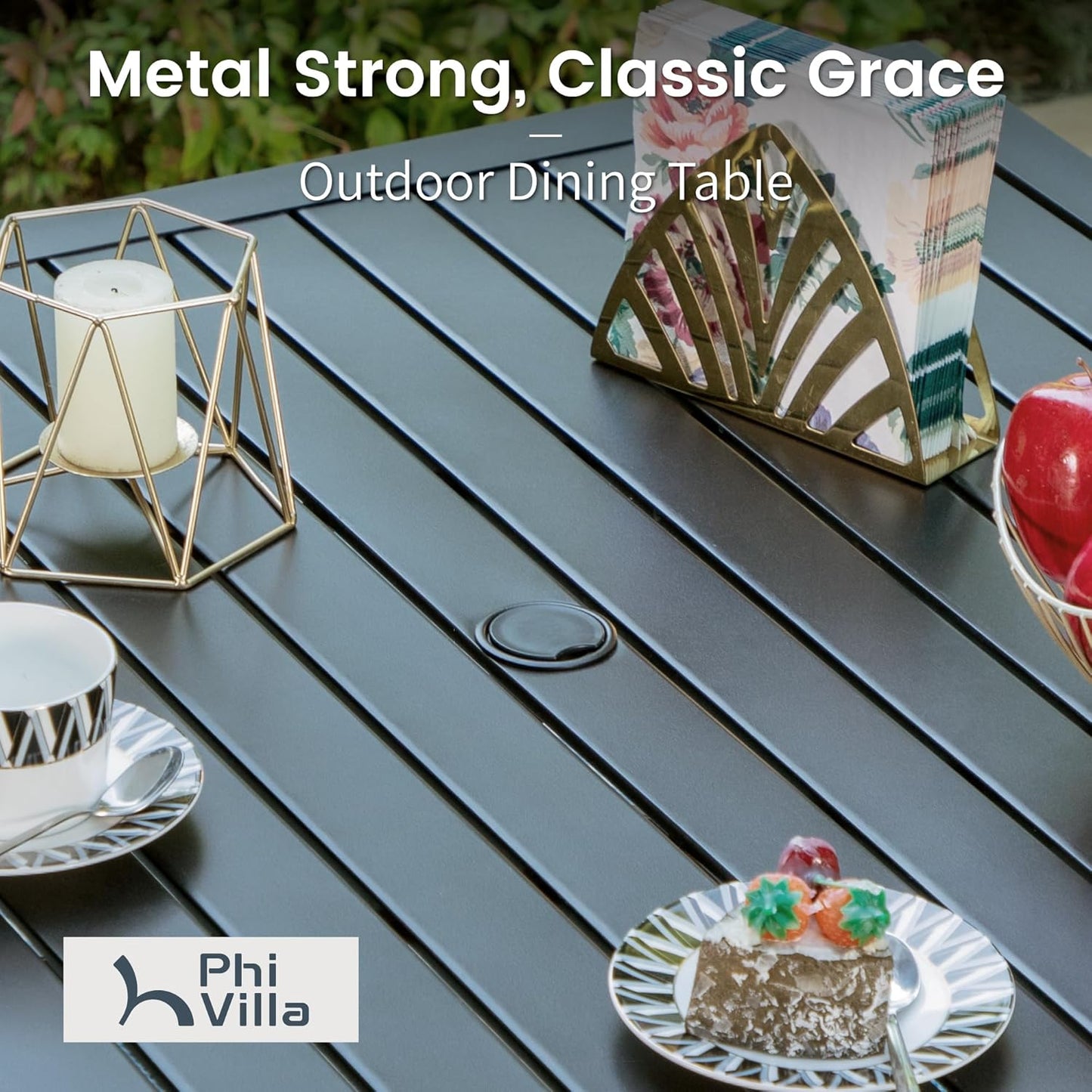 PHI VILLA 37 Inch Outdoor Dining Table Metal Steel Slat Square Patio Dining Table with 1.57" Umbrella Hole for Garden, Backyard and Porch (Classic Black)