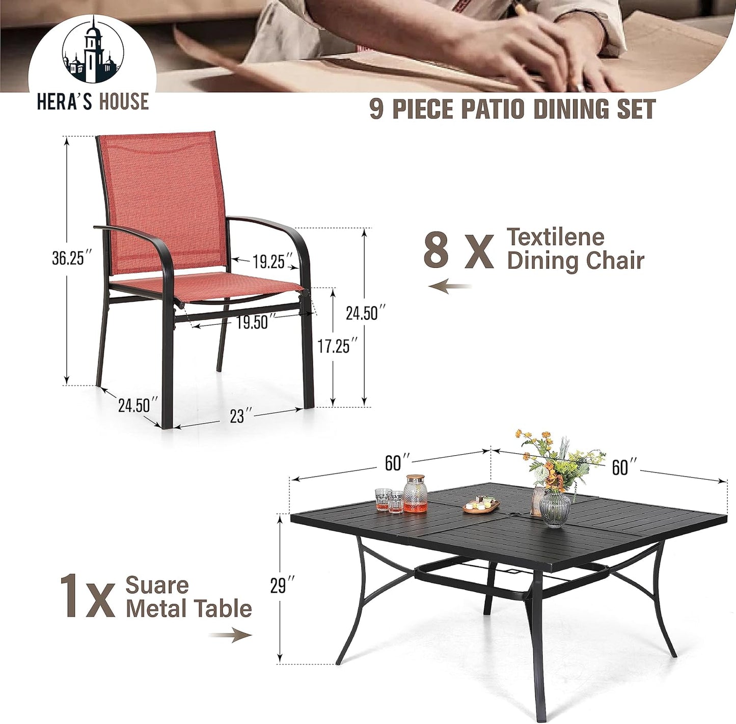 HERA'S HOUSE Patio Dining Set 9 Pieces, Outdoor Table and Chairs Set for 8, 8 x Red Textilene Dining Chair, 60" Square Metal Dining Table with 1.57" Umbrella Hole, for Lawn Garden Backyard Deck