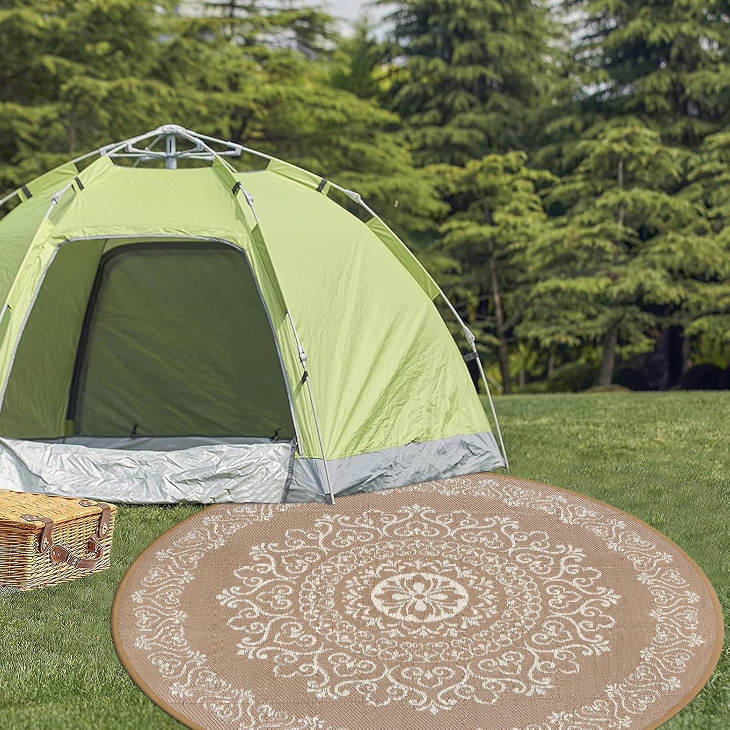 Pauwer Waterproof Outdoor Rug 6ft, Reversible Plastic Straw Patio Camping Rug, Indoor Outdoor RV Mat Carpet for Deck, Camper, Porch, Balcony, Backyard, Picnic, Floral Brown